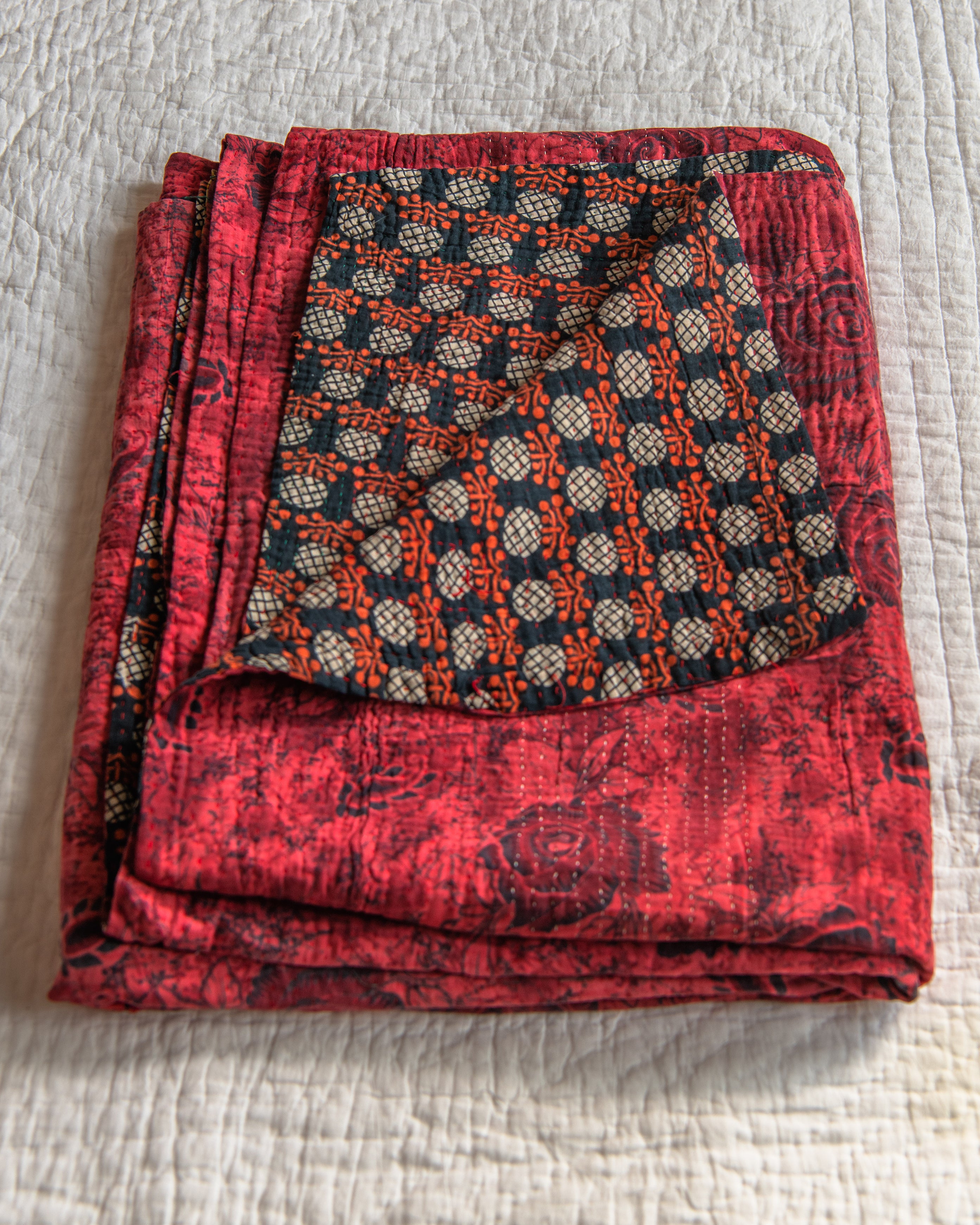 Blue & Red Pineapple with Pink floral reverse Kantha quilt