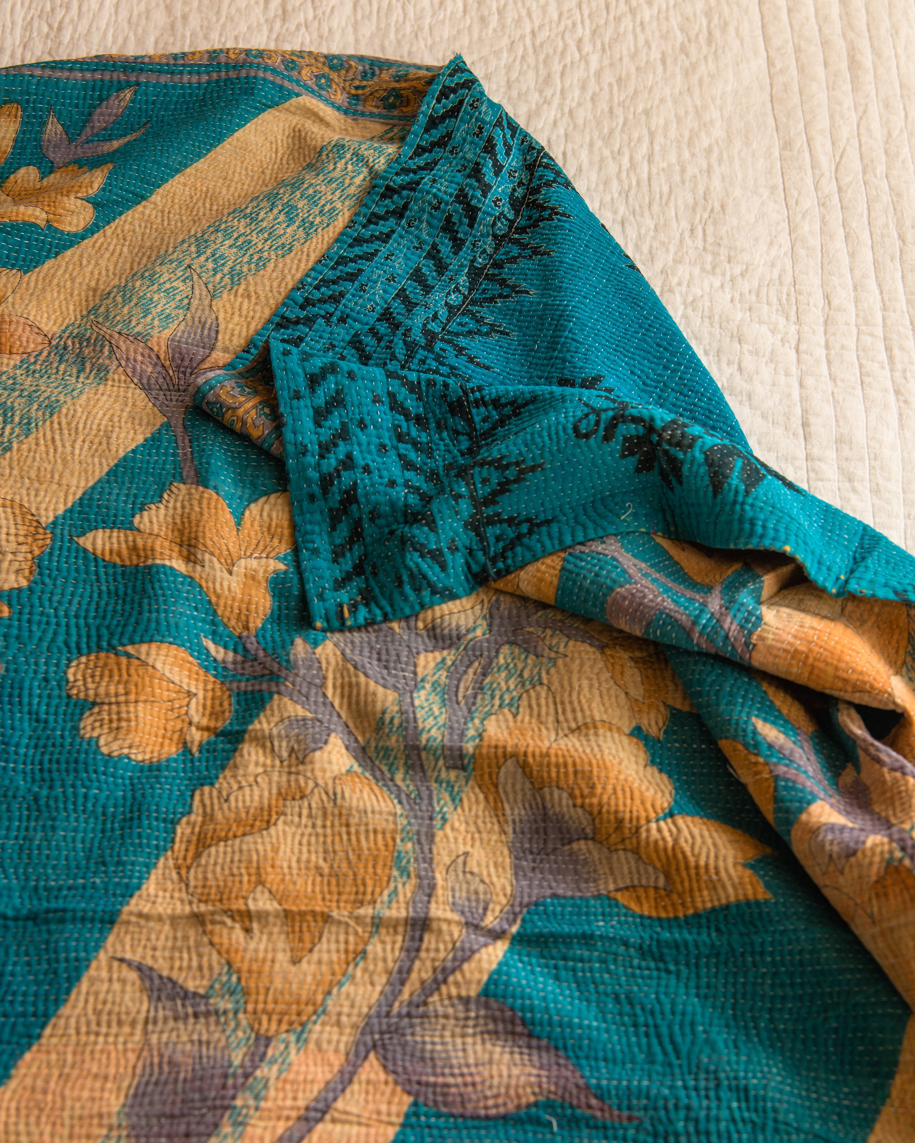 Turquoise Large Floral Kantha Quilt