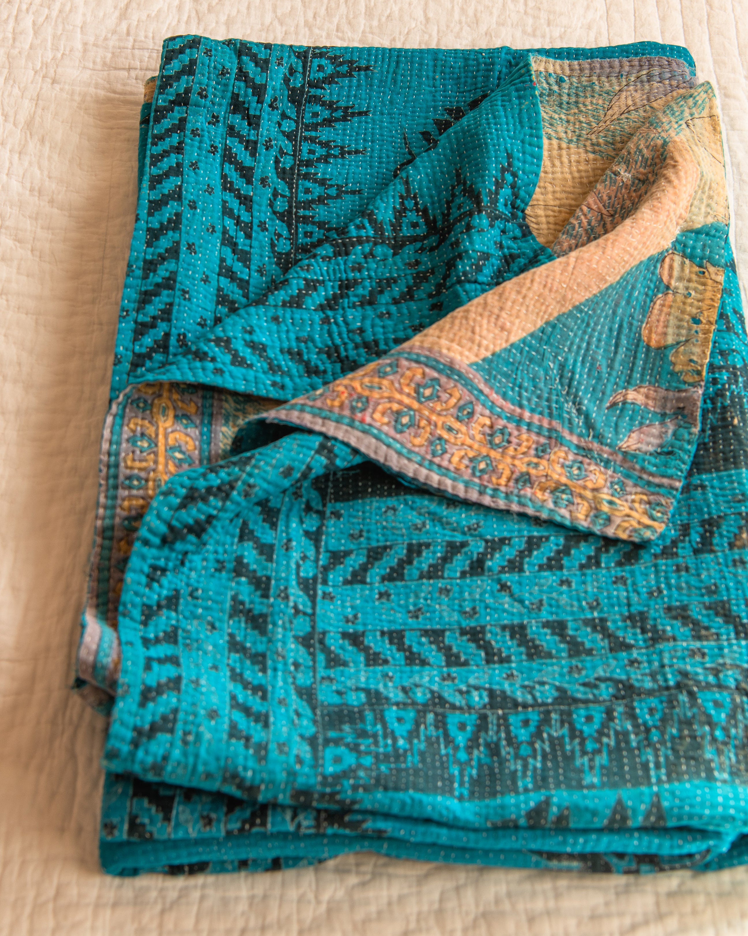 Turquoise Large Floral Kantha Quilt
