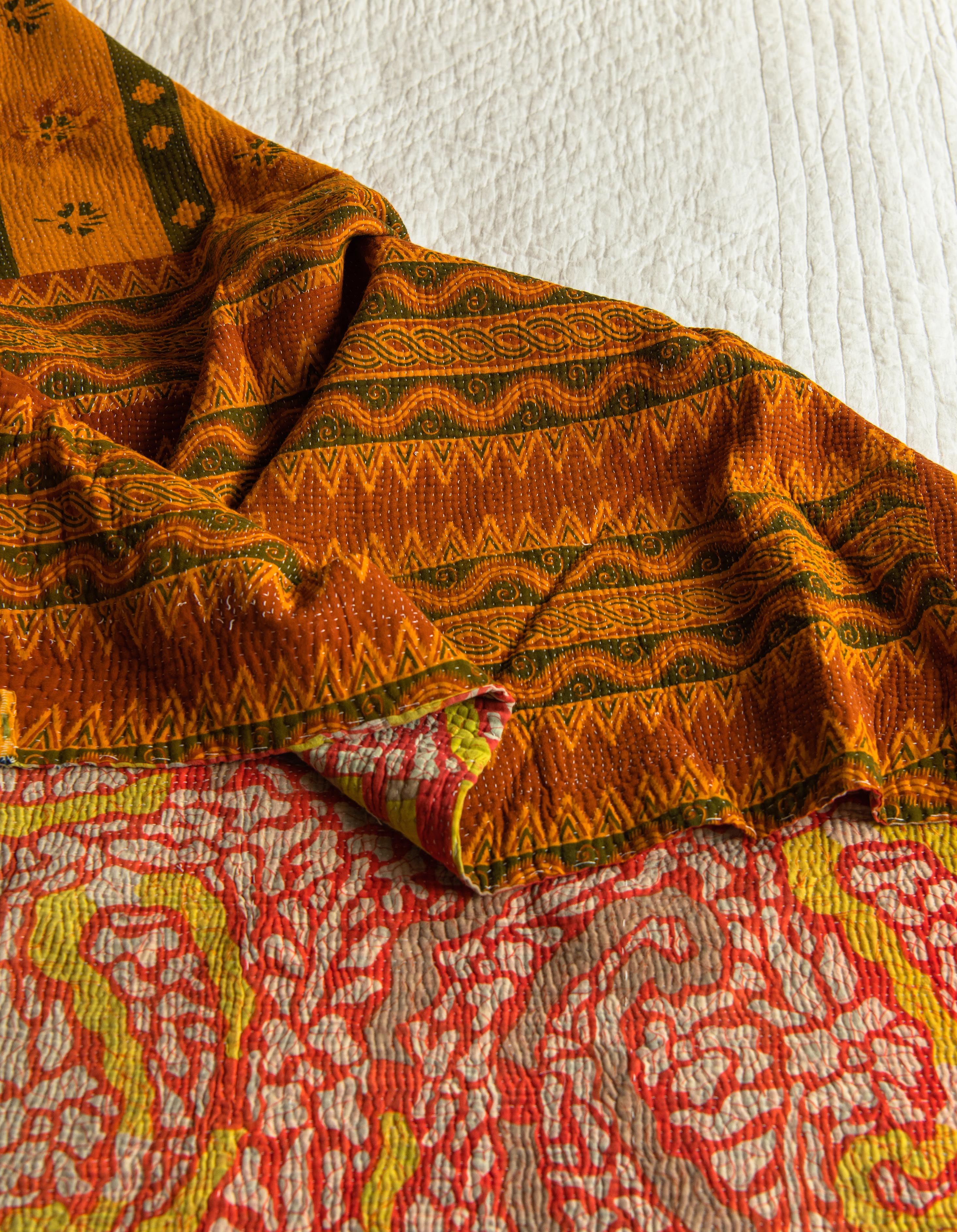 Red & Lime Camouflage print with saffron reverse Kantha quilt