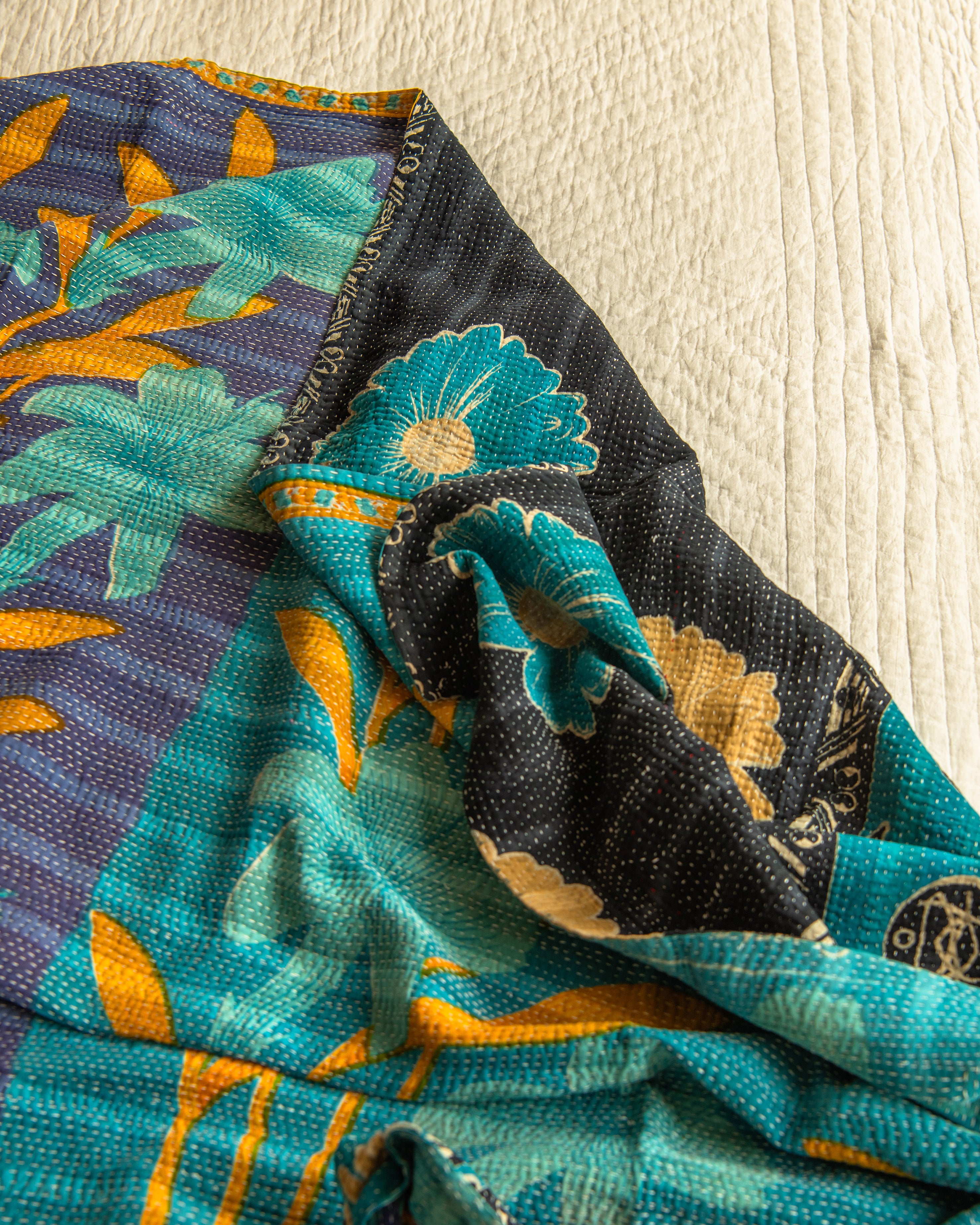 Turquoise & Blue Large Hibiscus Floral Kantha Quilt
