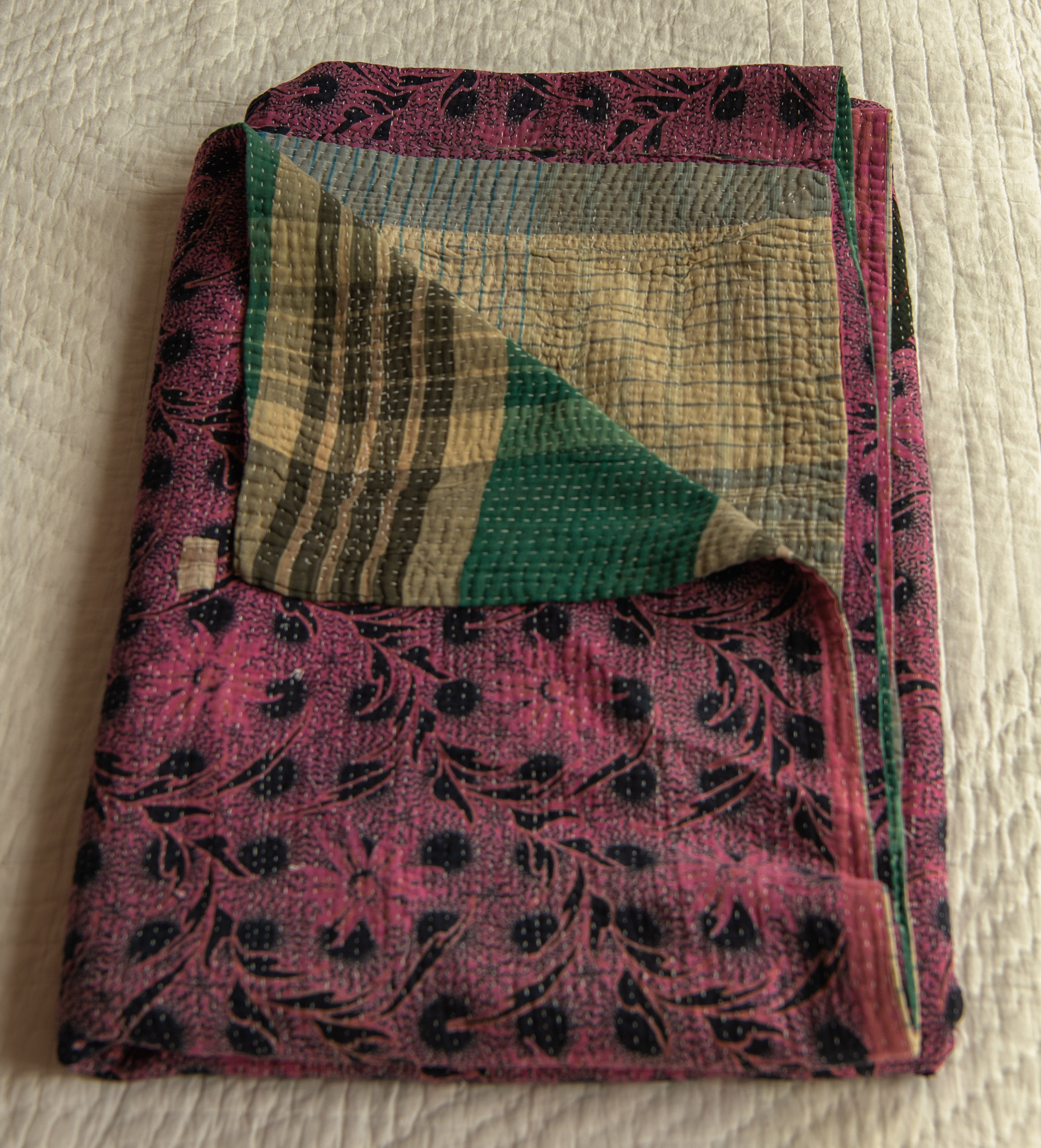 Blue check & Pink Floral Kantha quilt