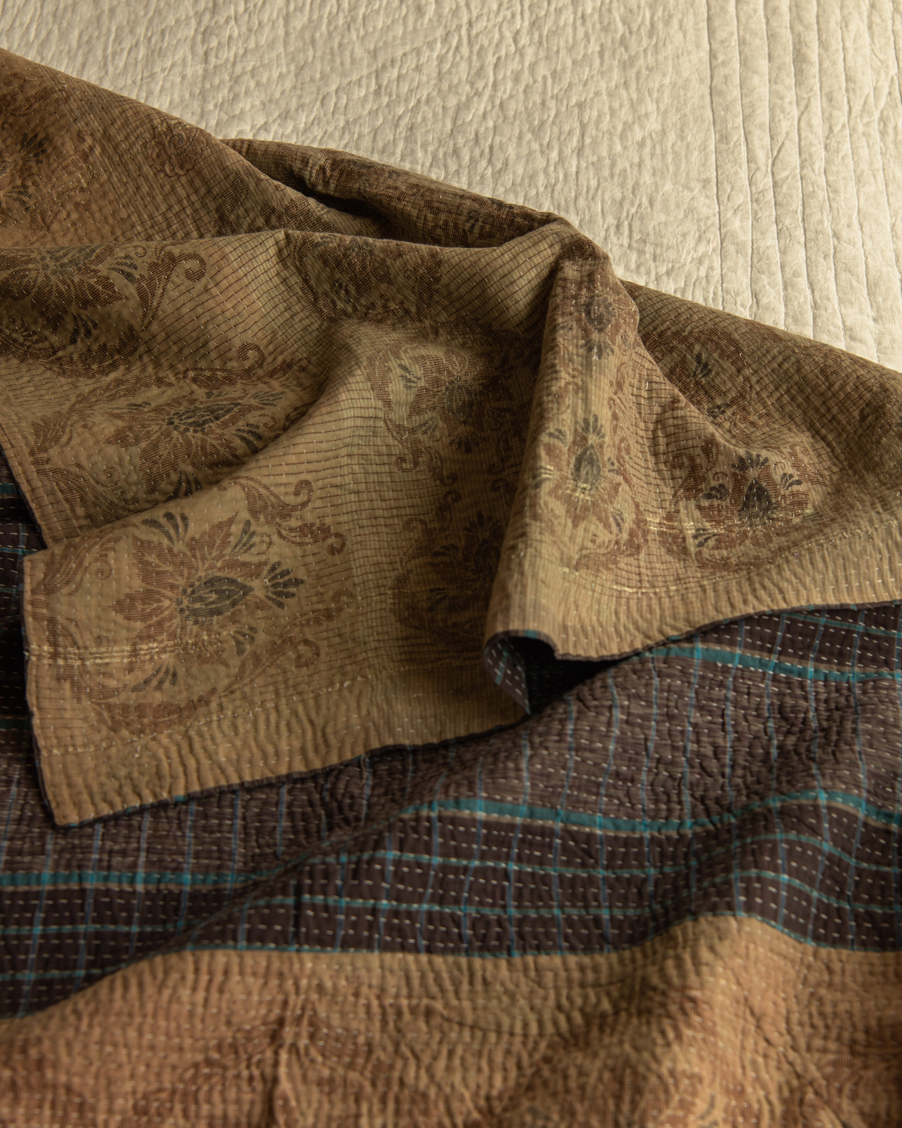 Brown paisley jaquard & Blue Check Kantha quilt