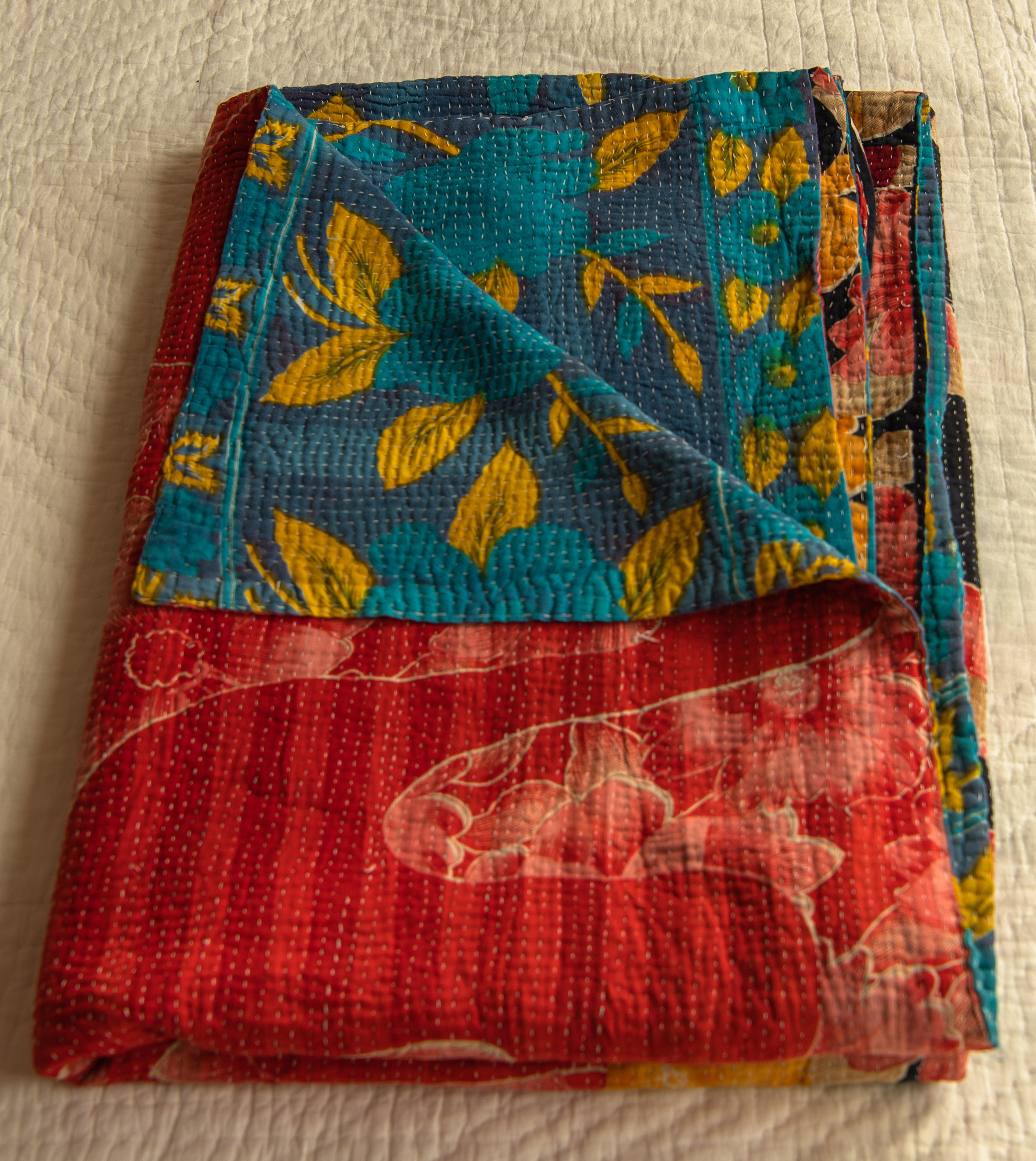 Large Blue & Turquoise Floral Kantha quilt