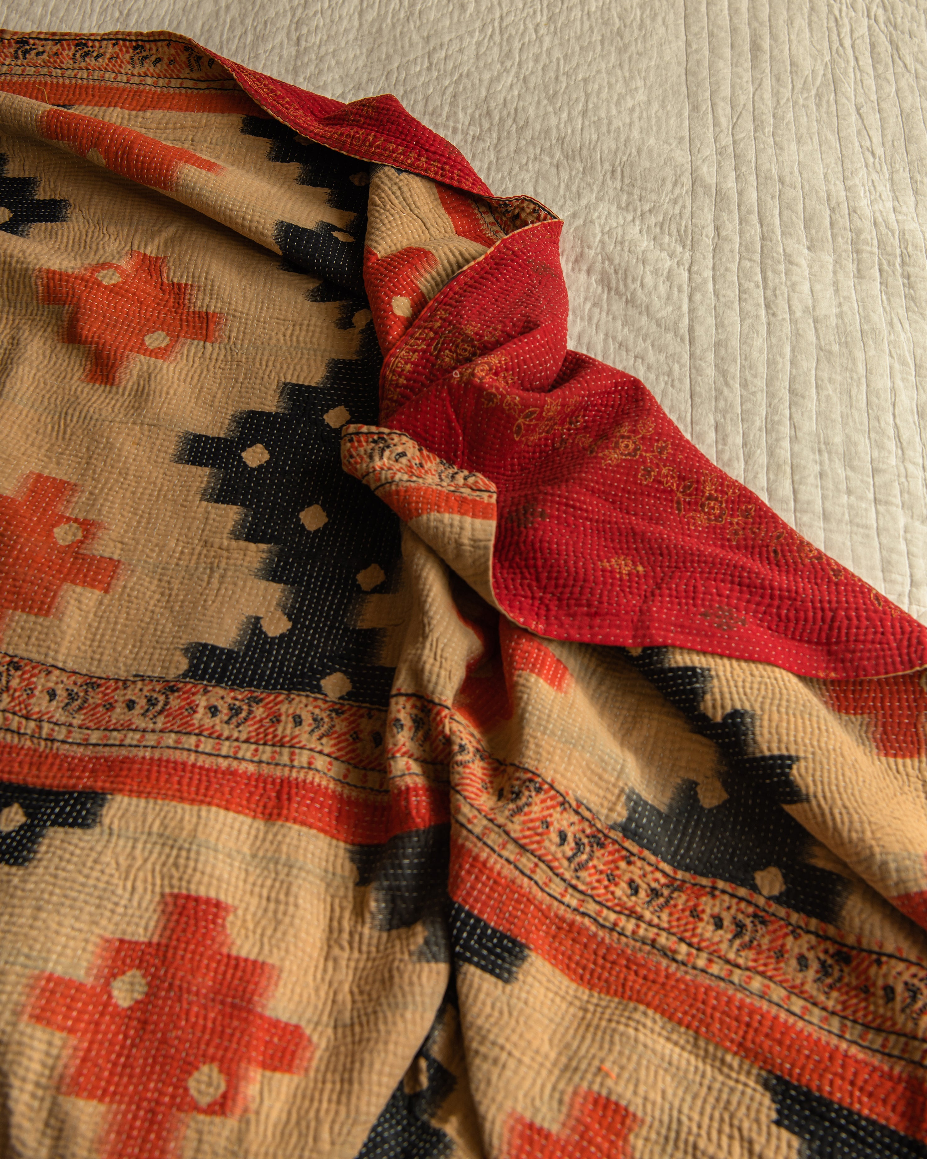 Orange & Blue Ikat with Red reverse Kantha Quilt