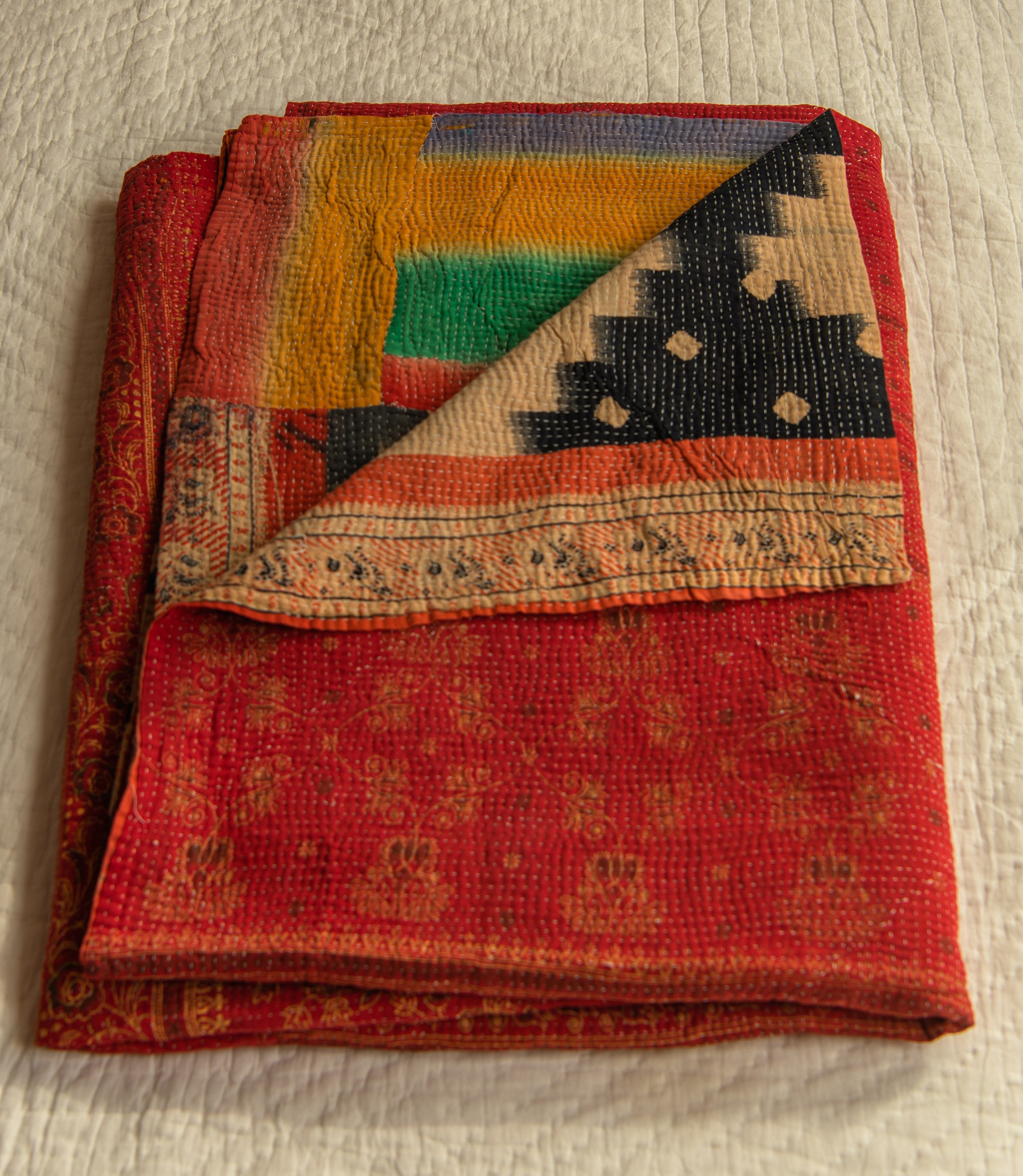 Orange & Blue Ikat with Red reverse Kantha Quilt