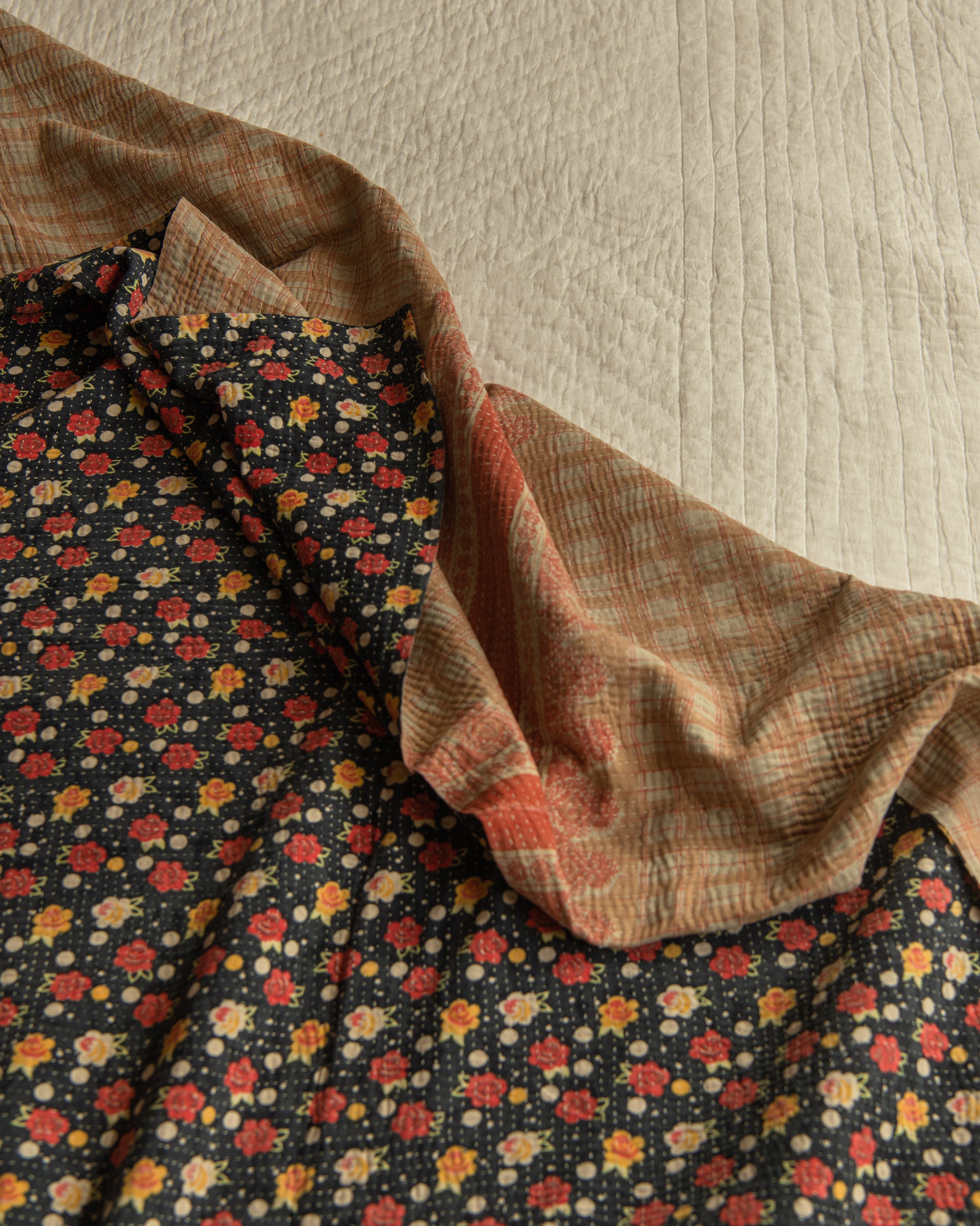 Ditsy Floral with pink check reverse Kantha quilt