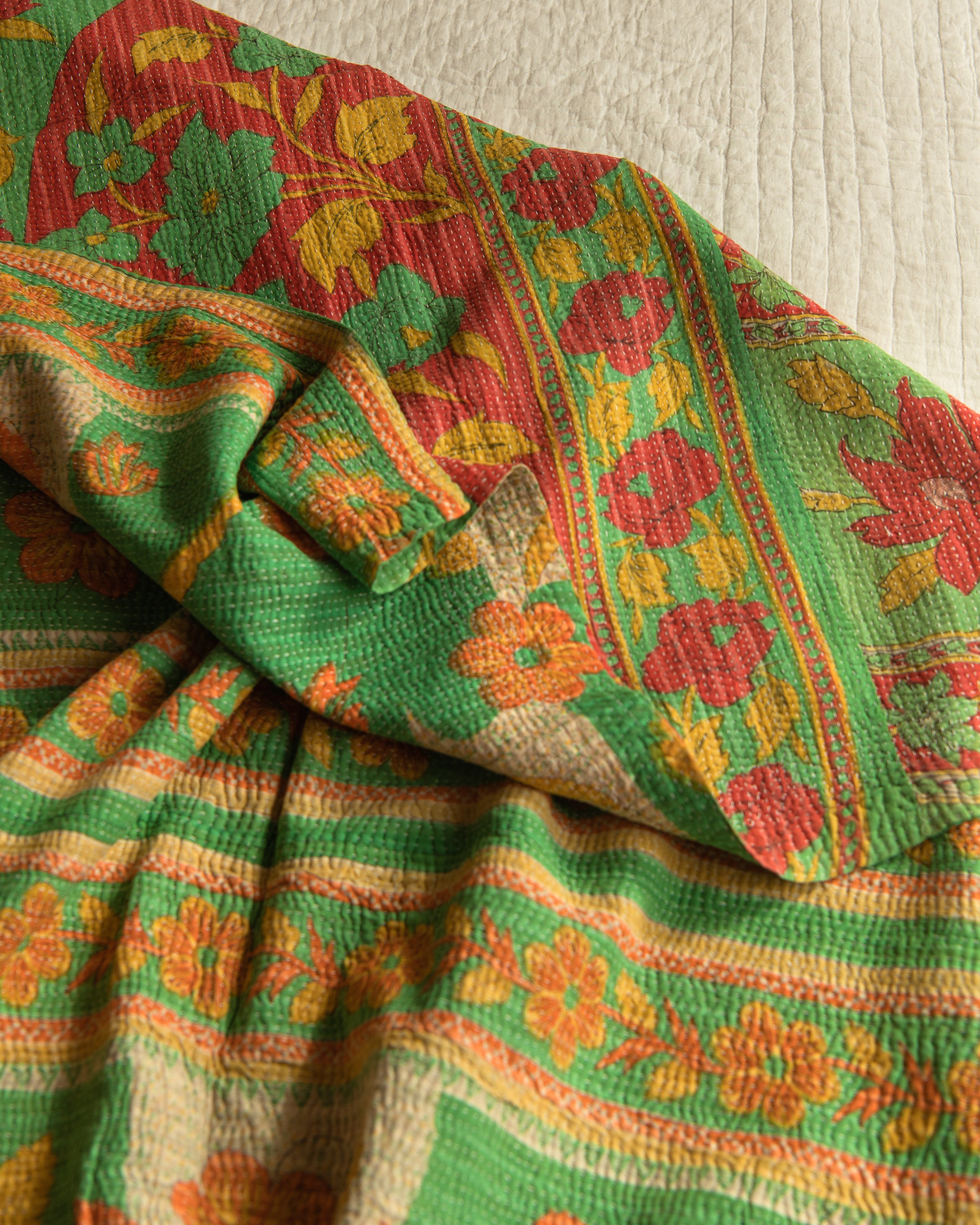 Tomato red, green & yellow Floral Kantha Quilt