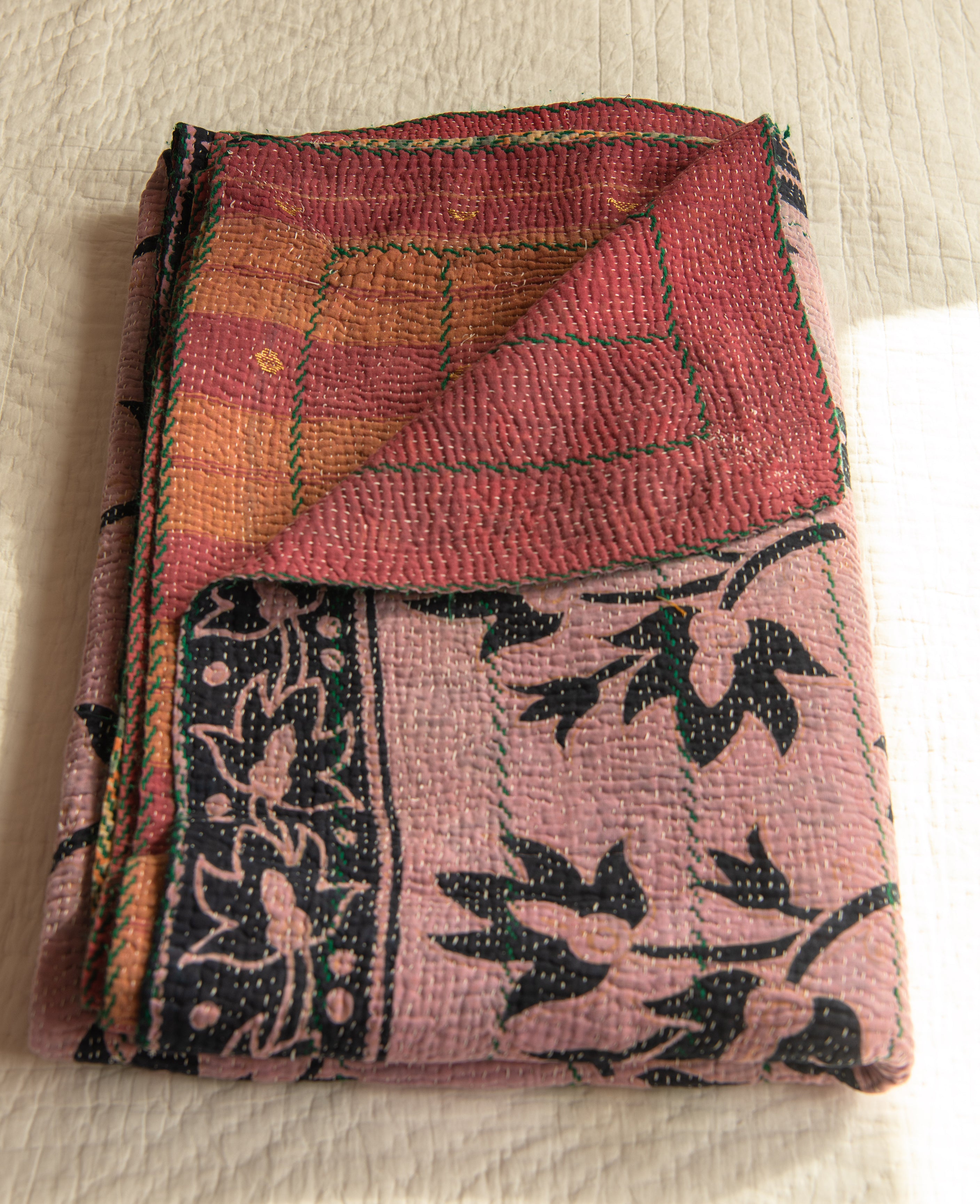 Lillac with Blue leaves & pink reverse Kantha quilt