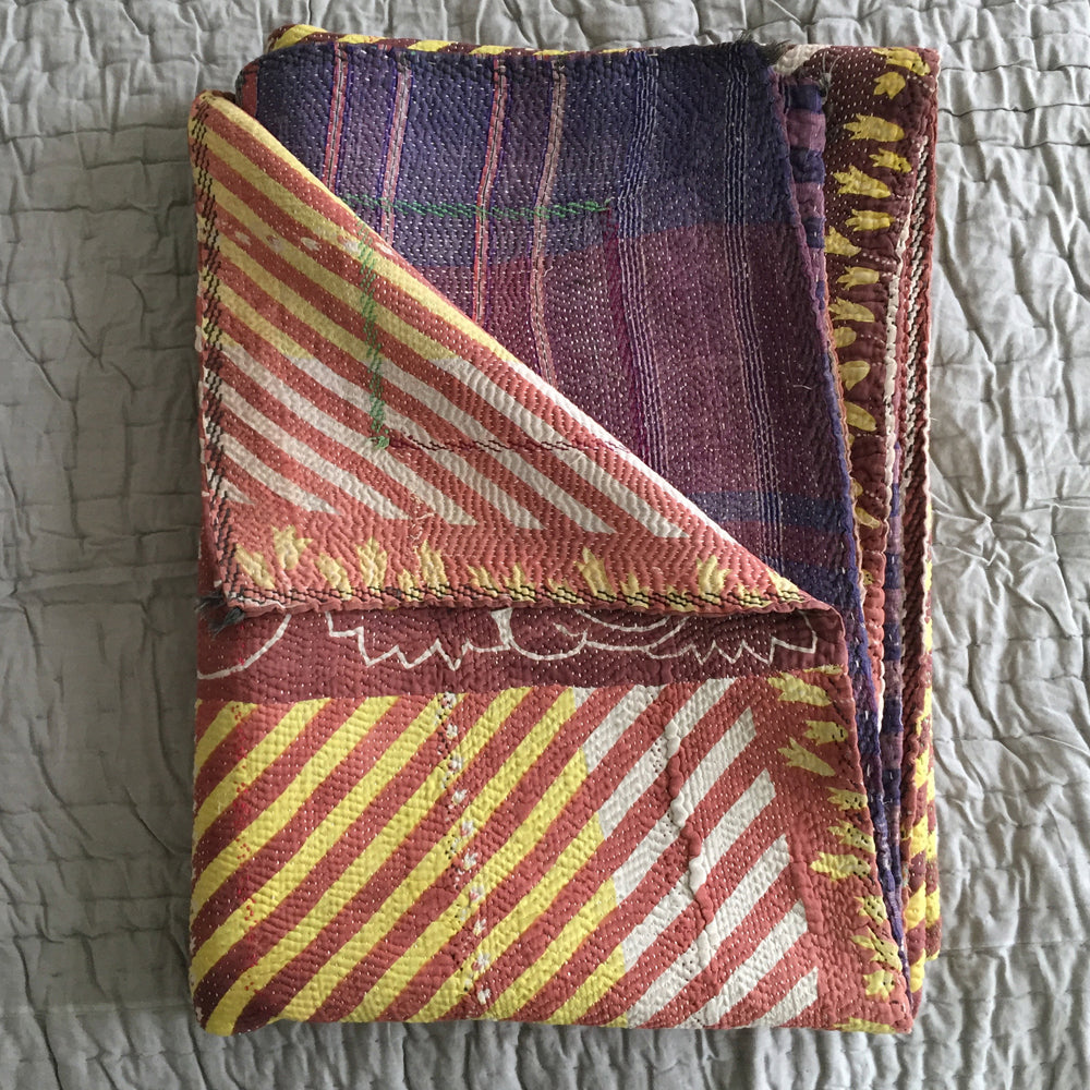 Purple & yellow striped kantha quilt