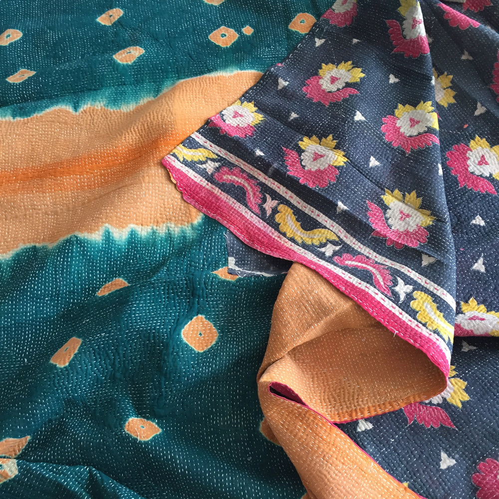 Orange & green tie-dye kantha quilt