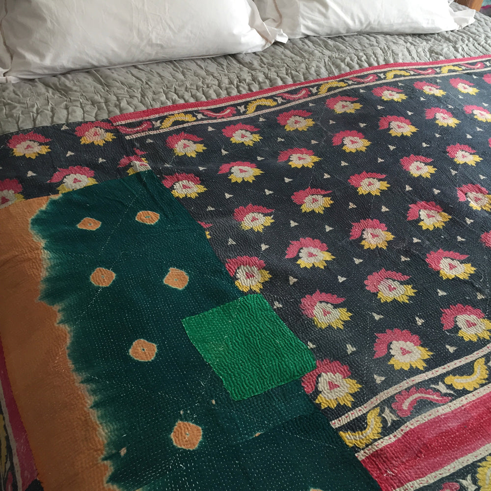 Orange & green tie-dye kantha quilt