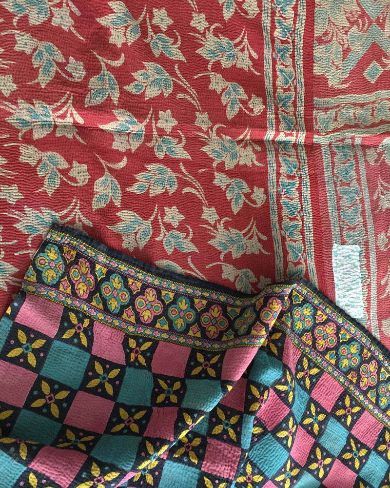 Pink Leaf & Multi colour chequer board kantha quilt
