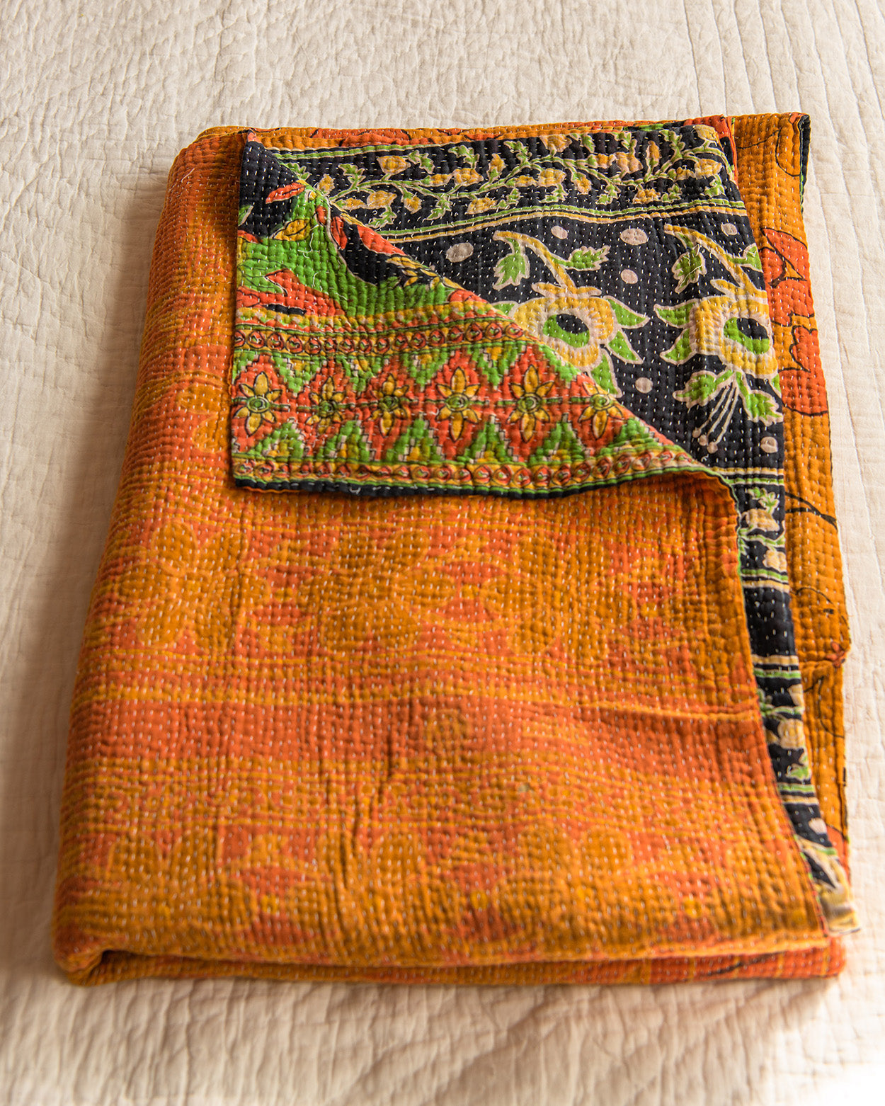 70's Orange floral kantha quilt