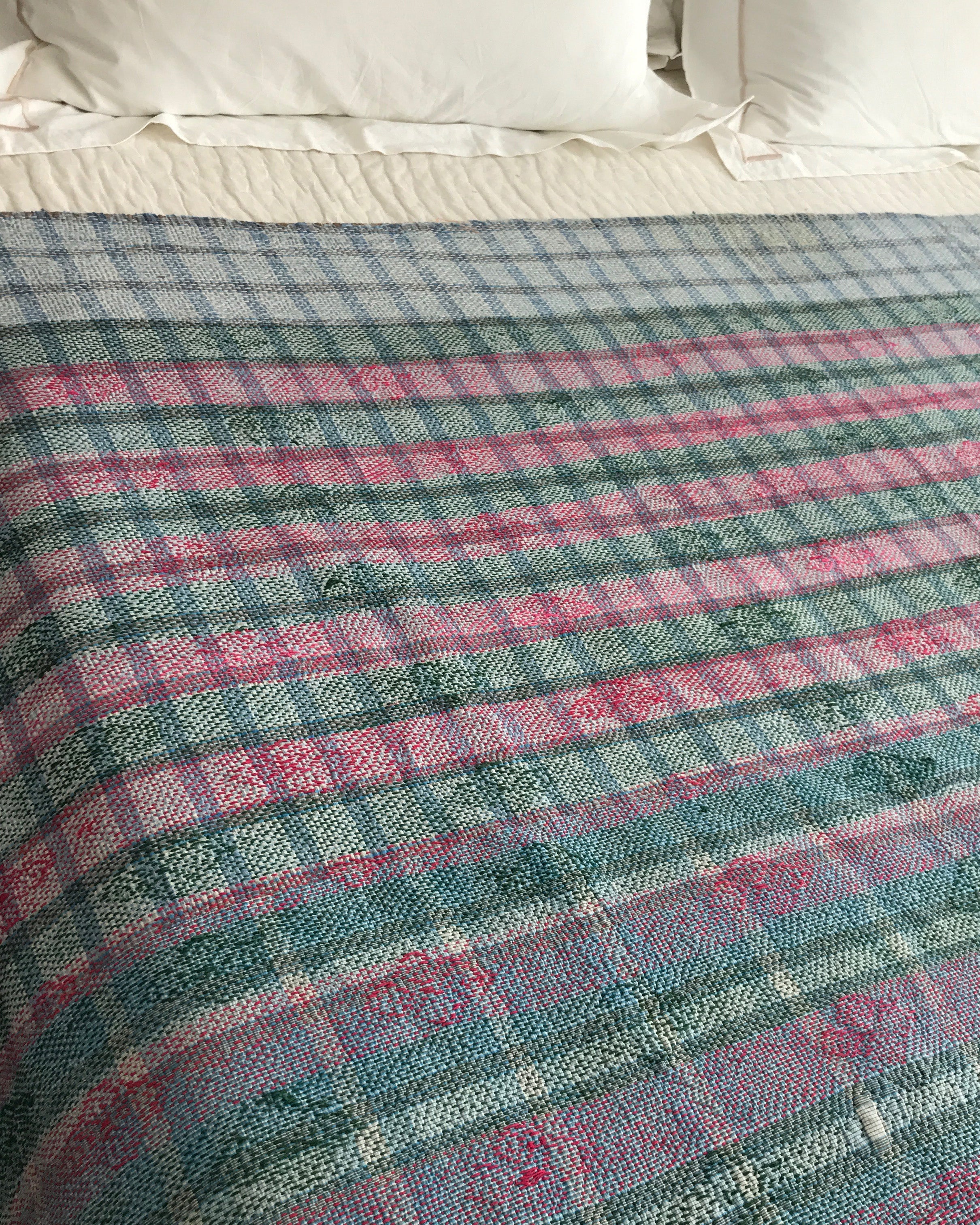 Blue check & yellow diamond kantha quilt