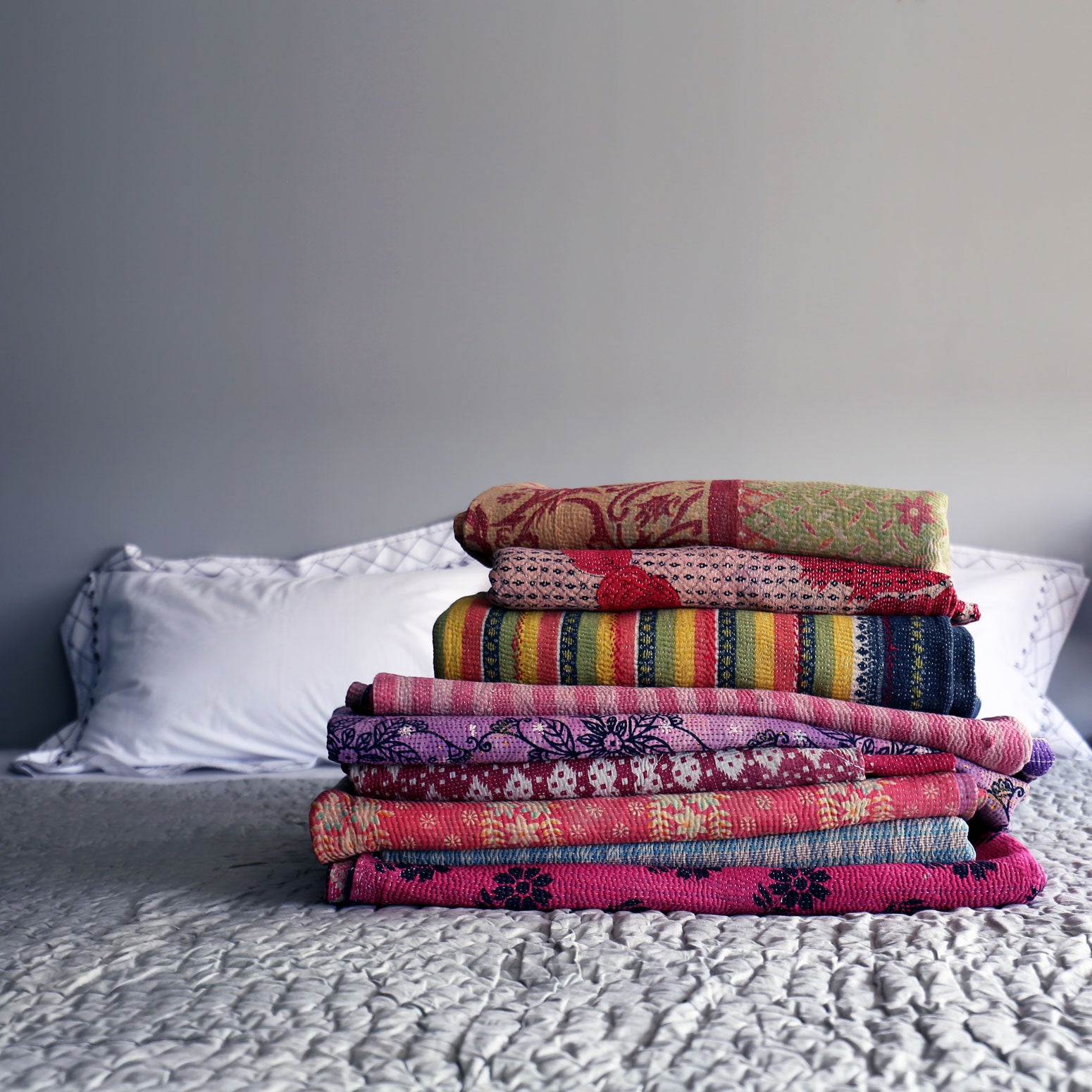 Purple & yellow striped kantha quilt