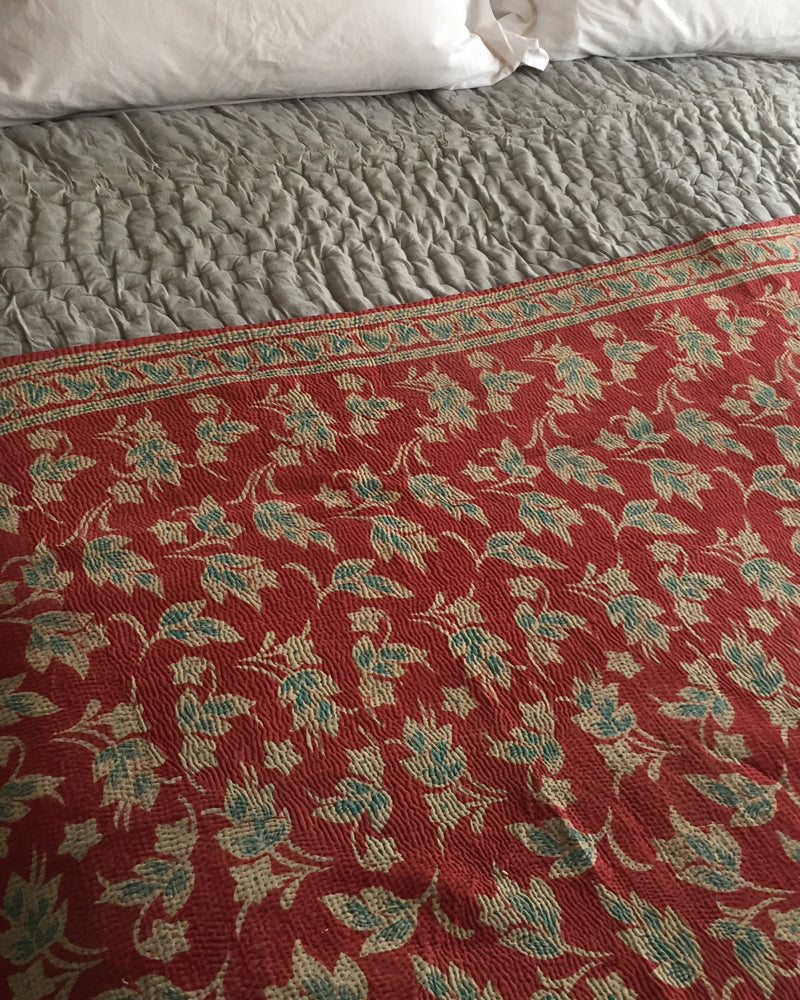 Pink Leaf & Multi colour chequer board kantha quilt