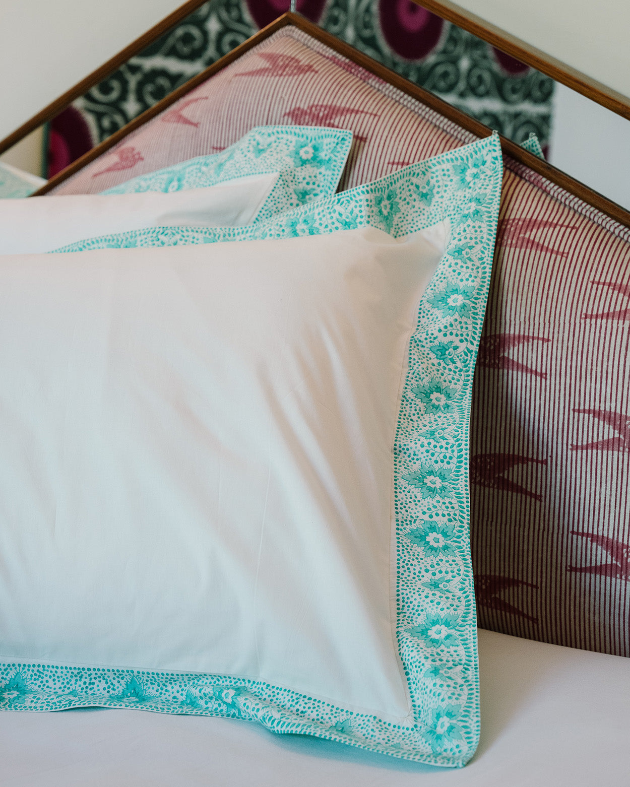 Aqua Leaf & Dot bordered set of 2 pillowcases