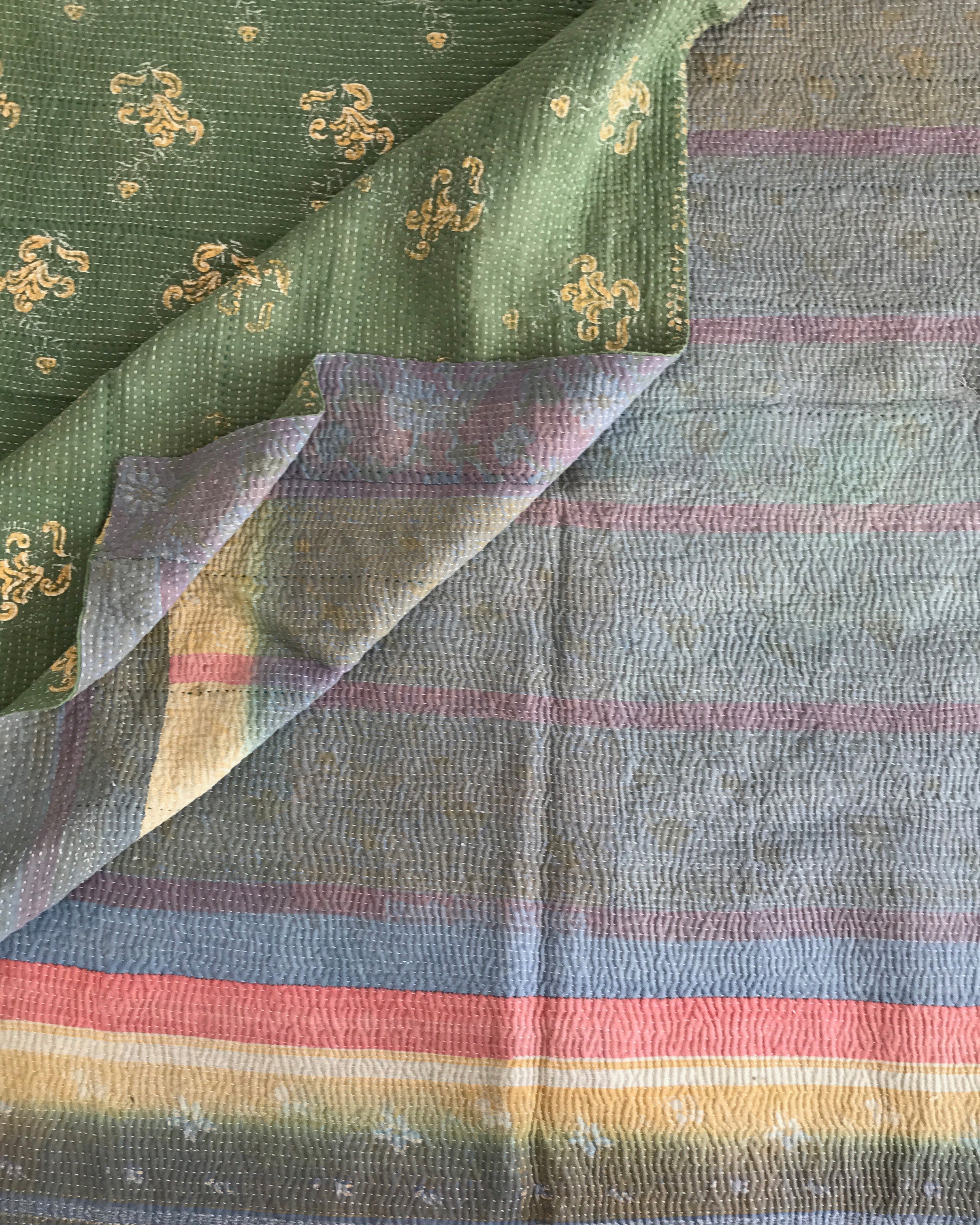 Muted lilac & green kantha quilt