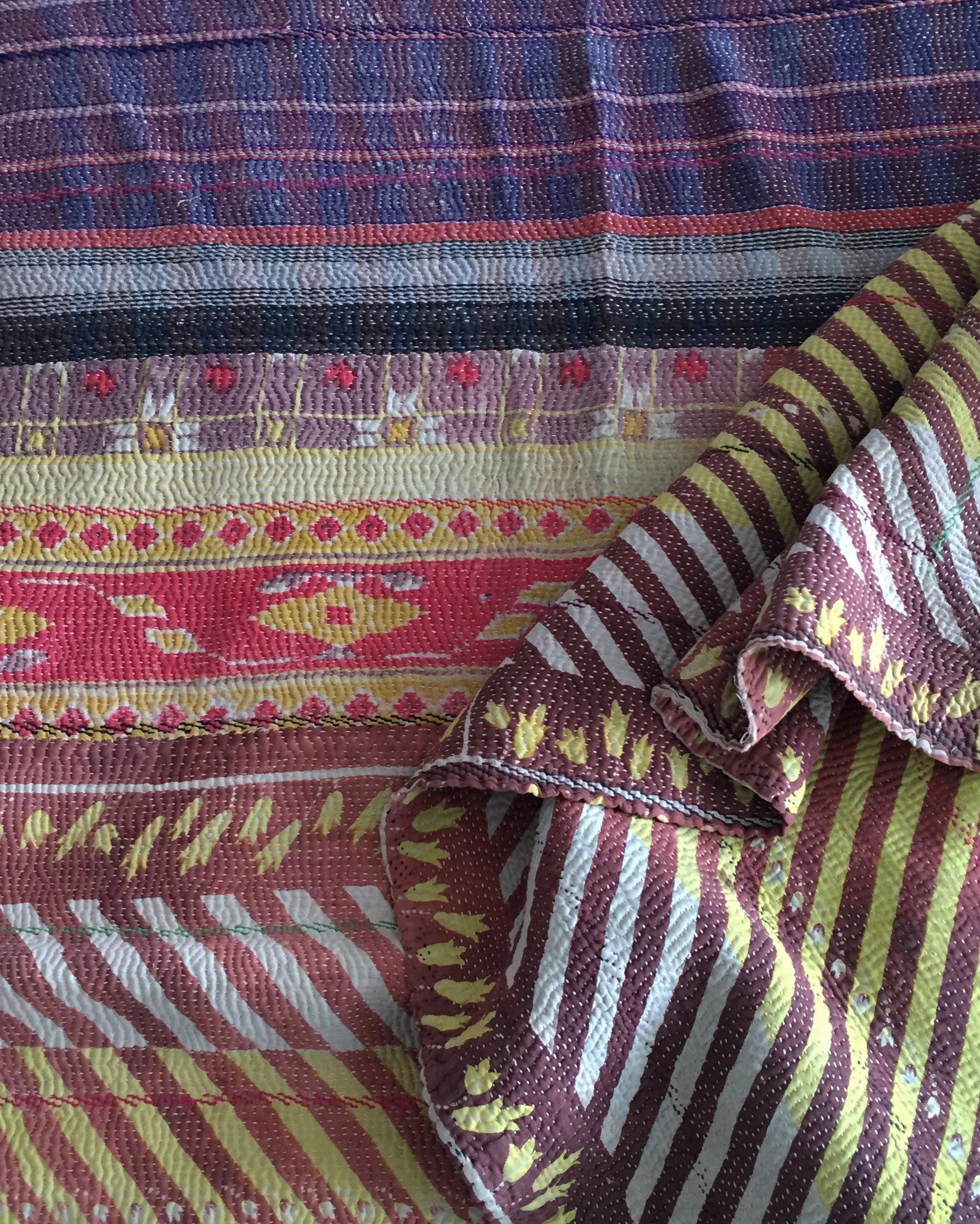 Purple & yellow striped kantha quilt