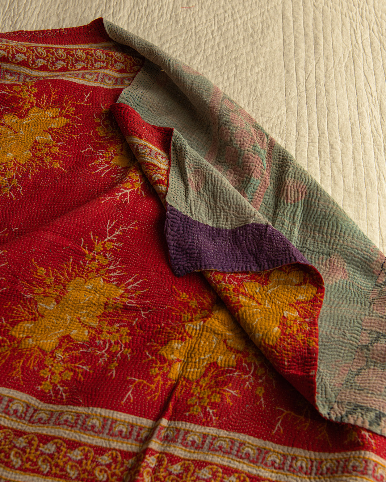Red & yellow chintz floral kantha quilt
