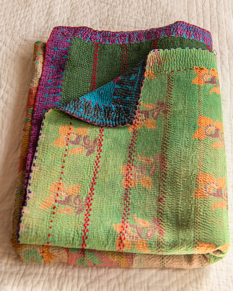 Blue & Soft multi-colour reverse embroidered kantha quilt