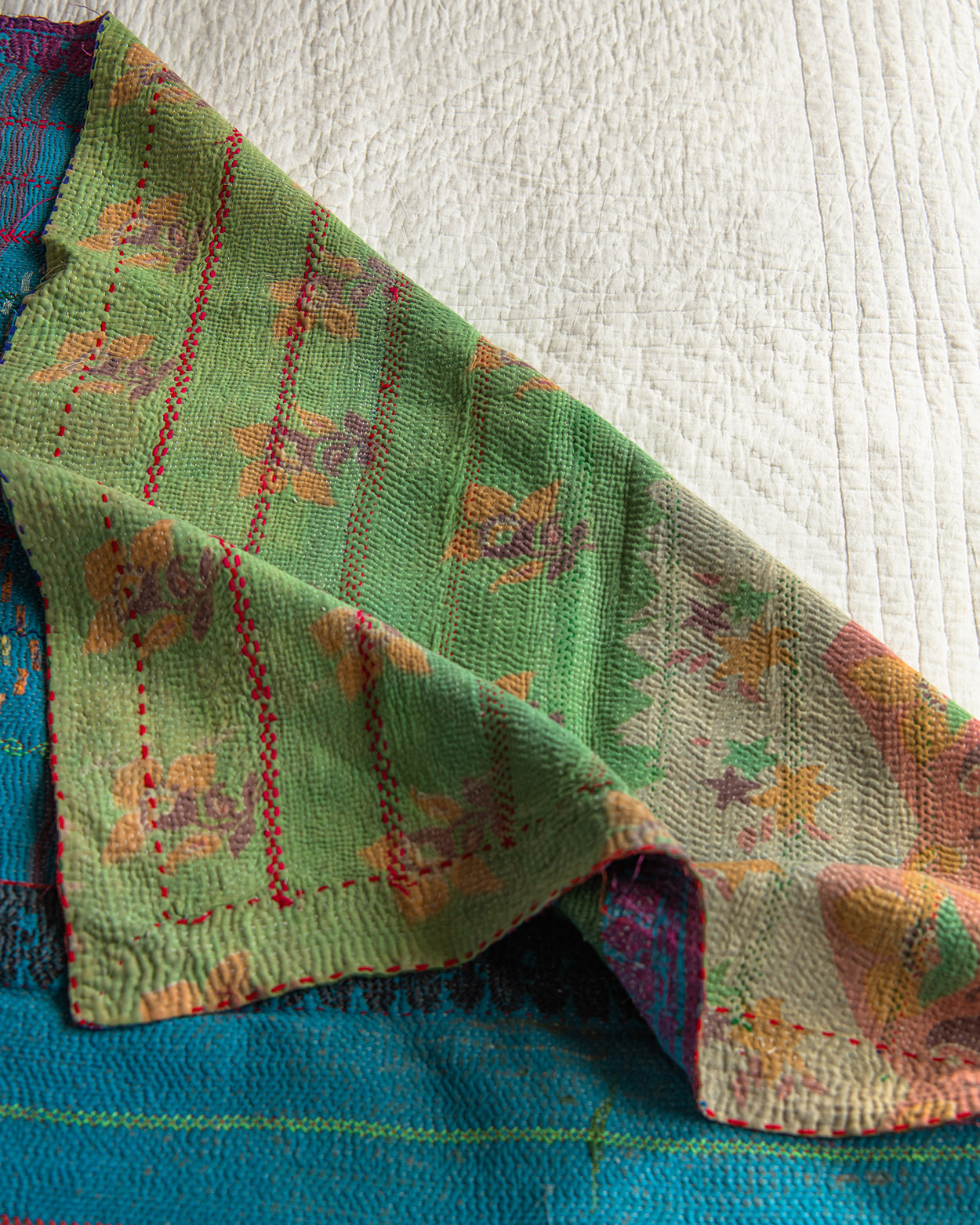 Blue & Soft multi-colour reverse embroidered kantha quilt
