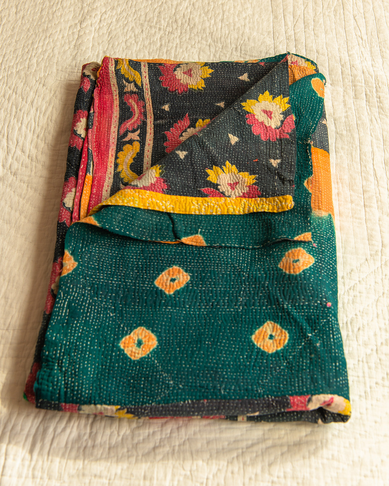 Orange & green tie-dye kantha quilt