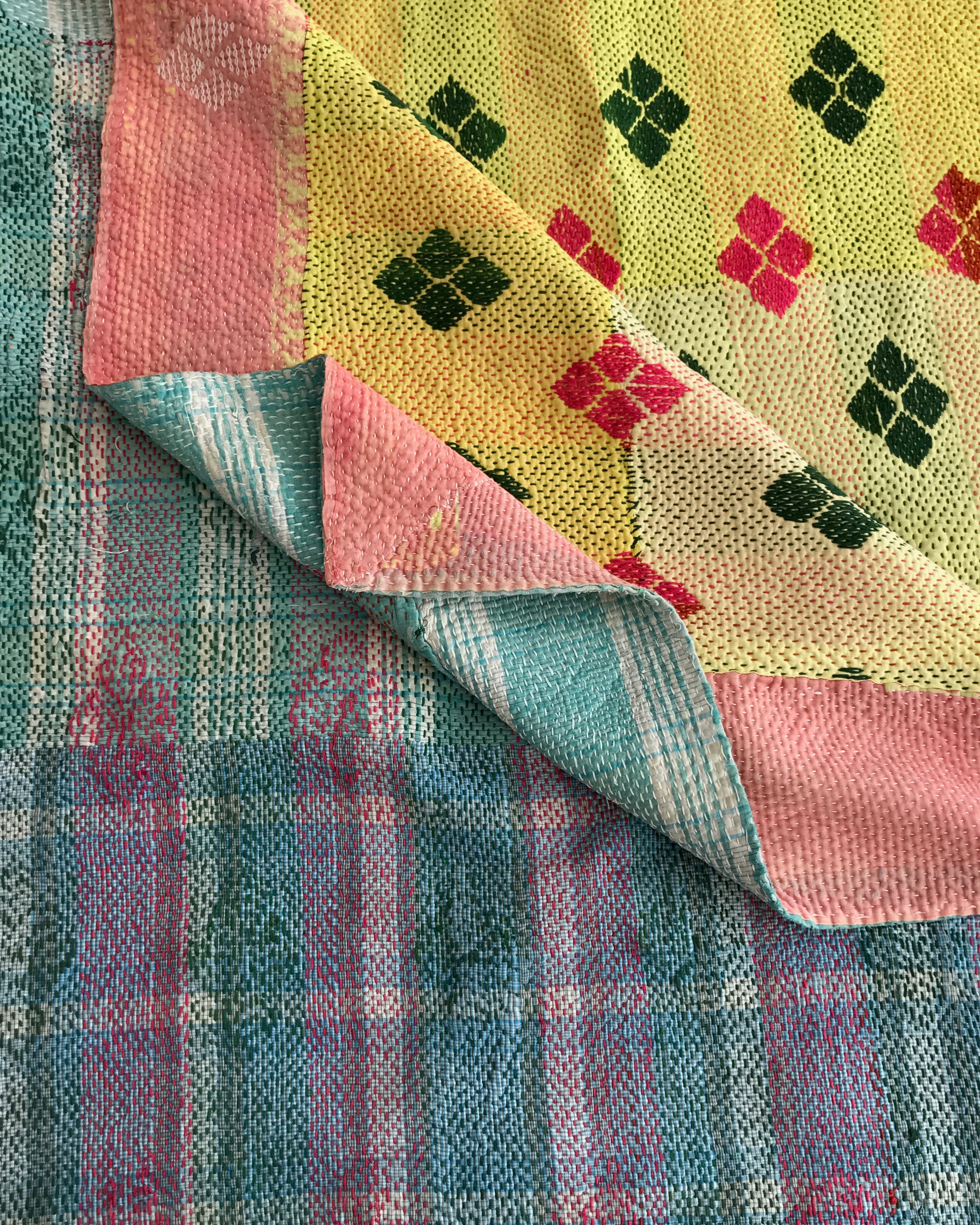 Blue check & yellow diamond kantha quilt