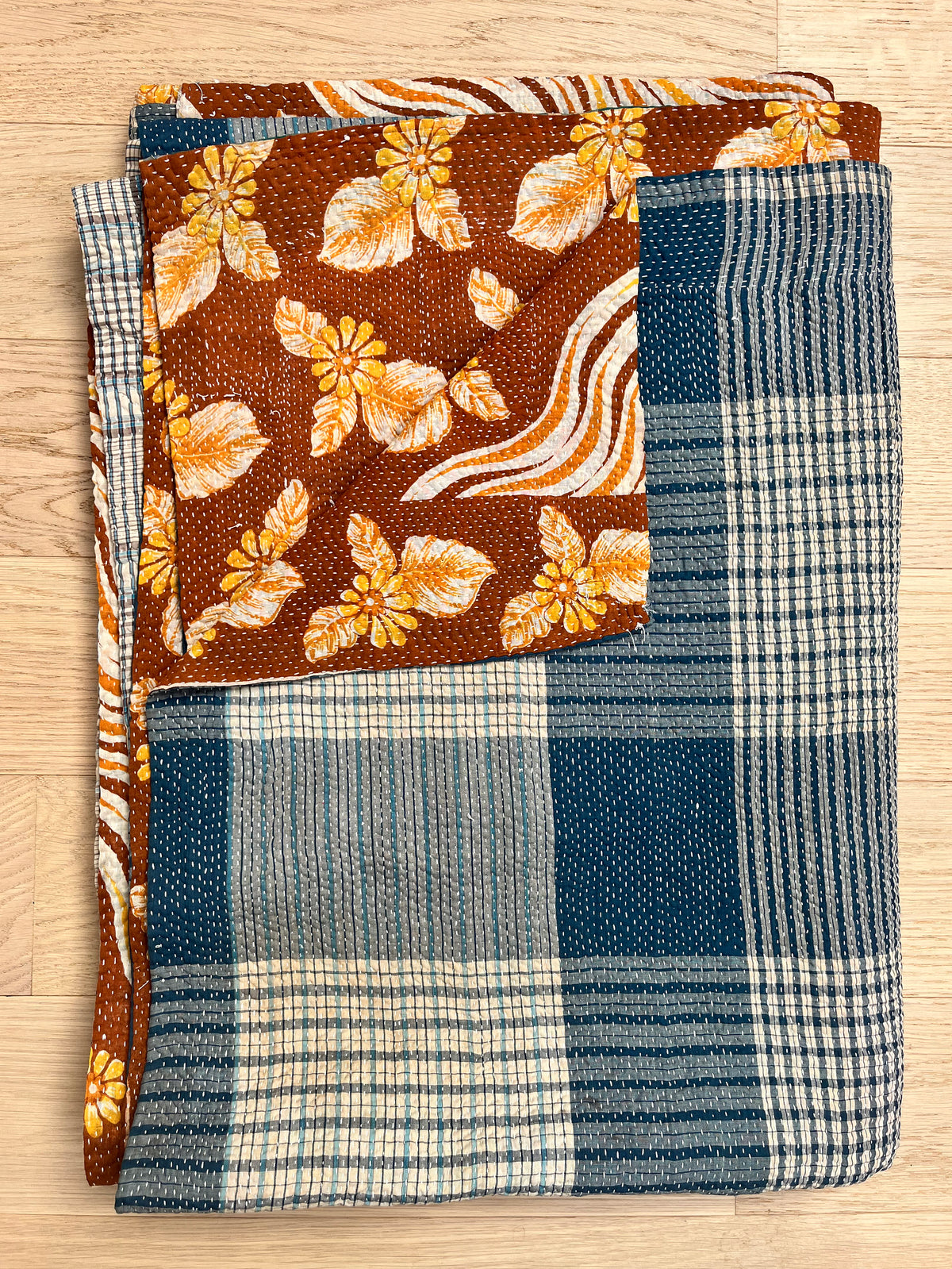 Blue Check & Brown Floral Reverse Kantha quilt