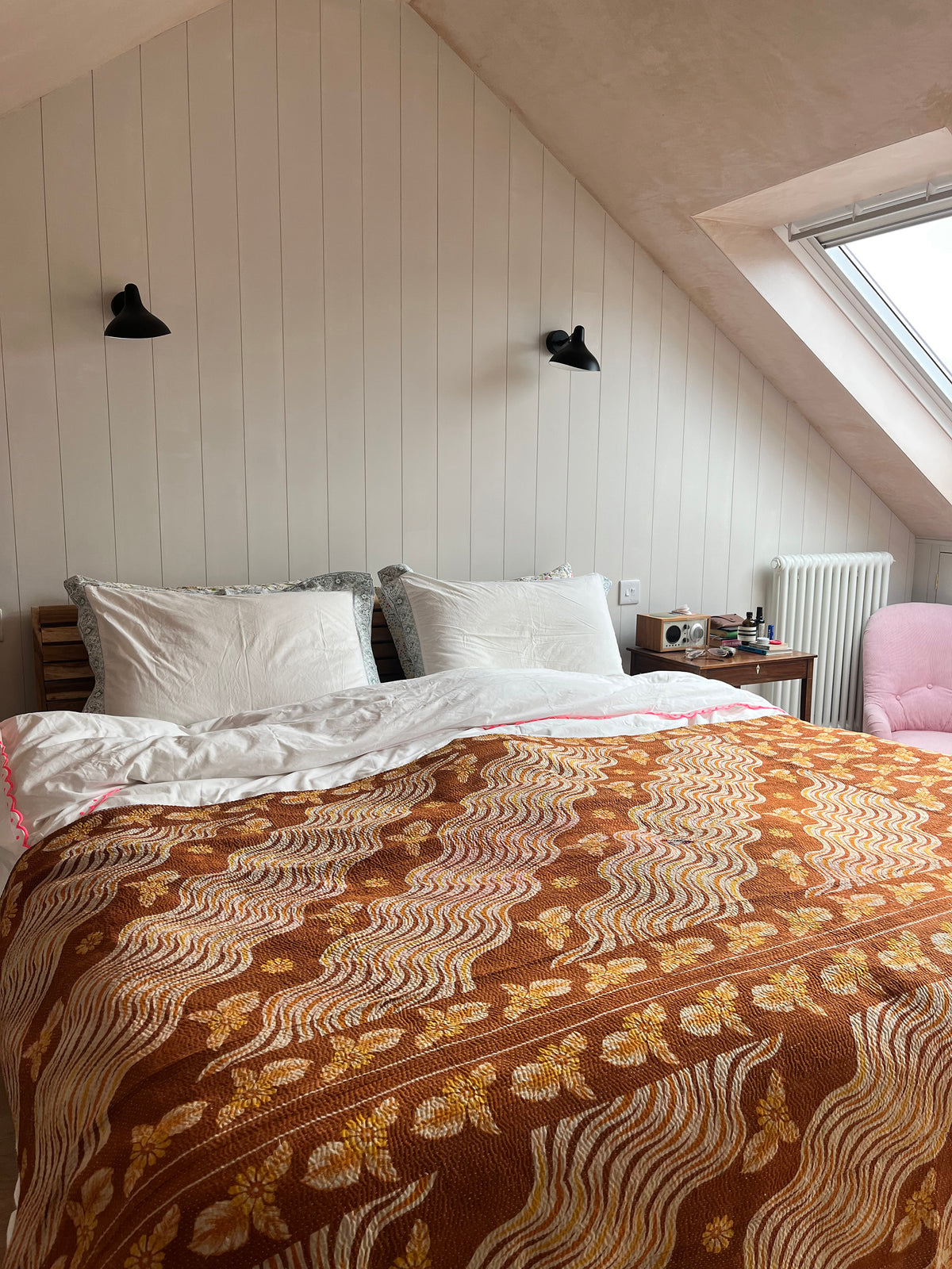 Blue Check & Brown Floral Reverse Kantha quilt