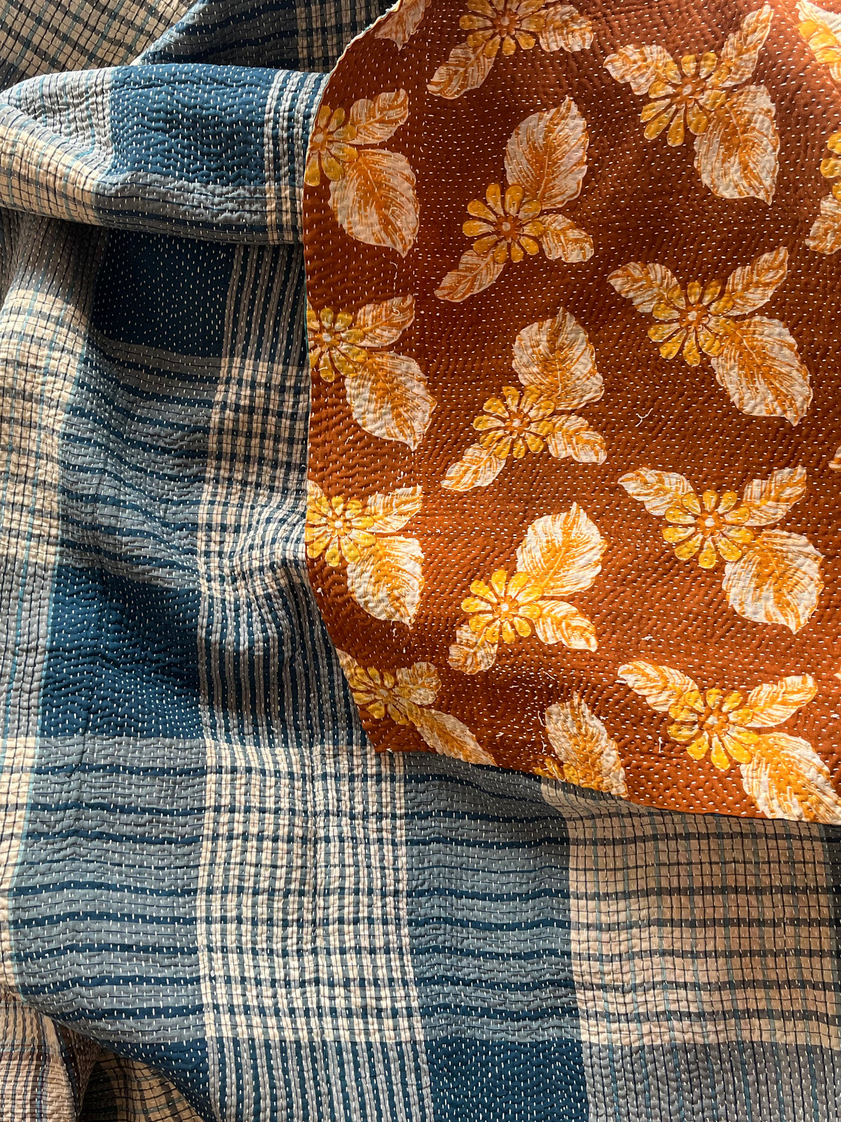 Blue Check & Brown Floral Reverse Kantha quilt