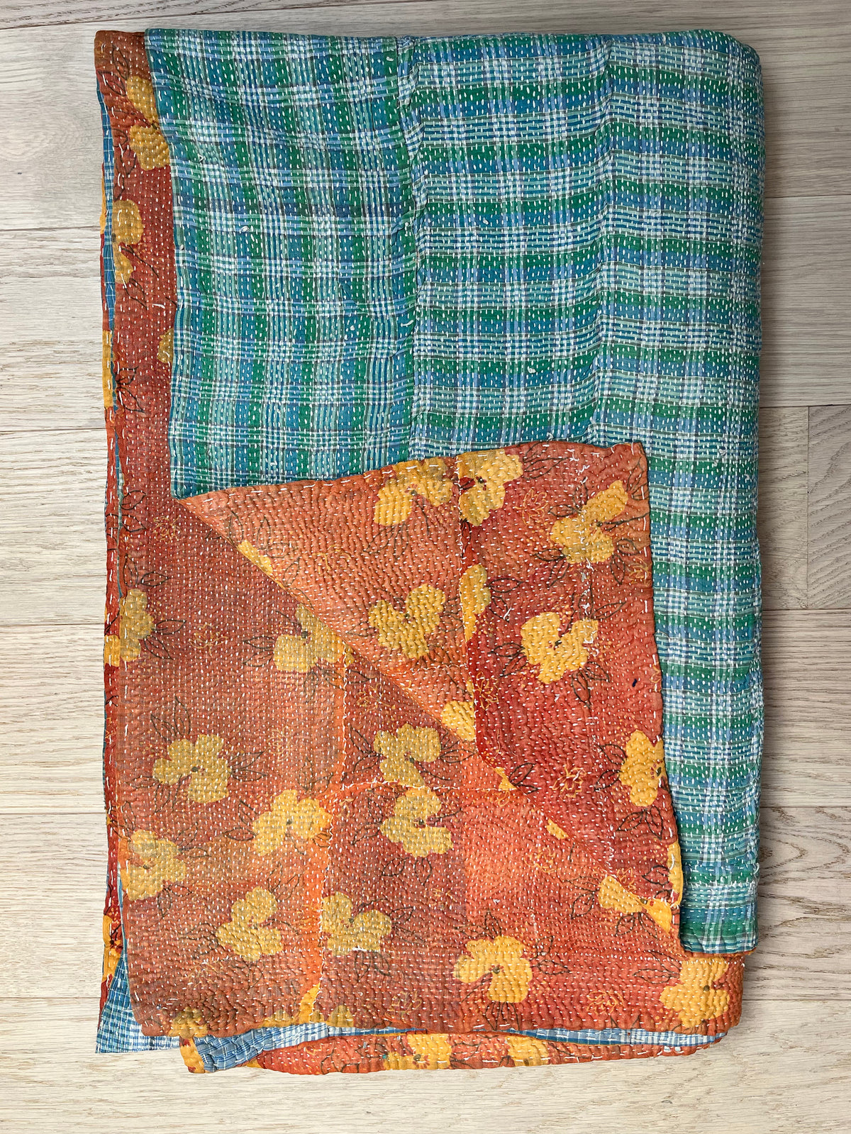 Blue / Green Check & Brown Floral Reverse Kantha Quilt