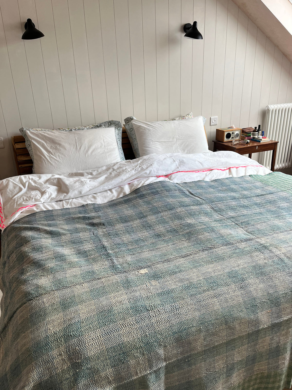 Blue / Green Check & Brown Floral Reverse Kantha Quilt