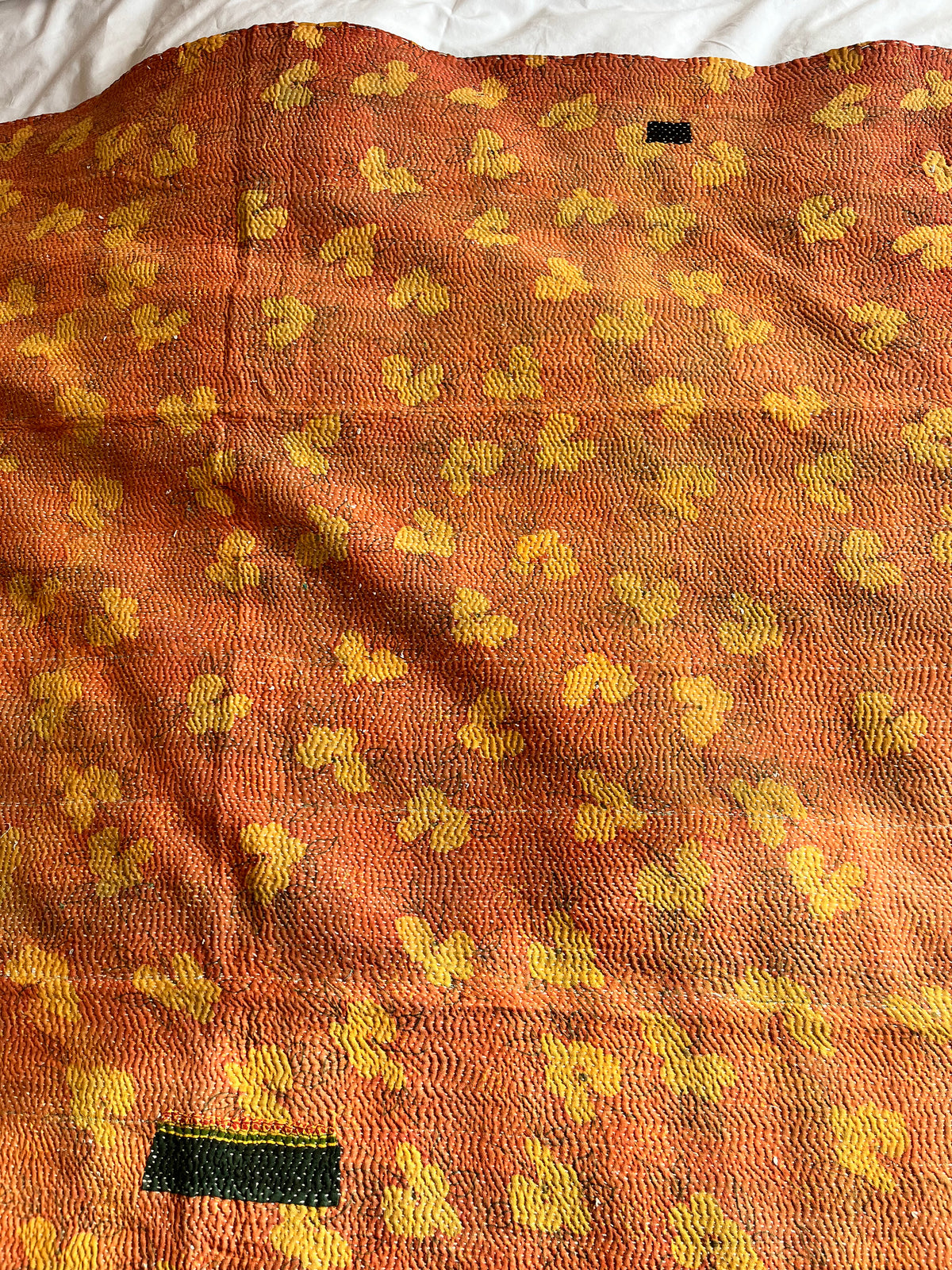 Blue / Green Check & Brown Floral Reverse Kantha Quilt