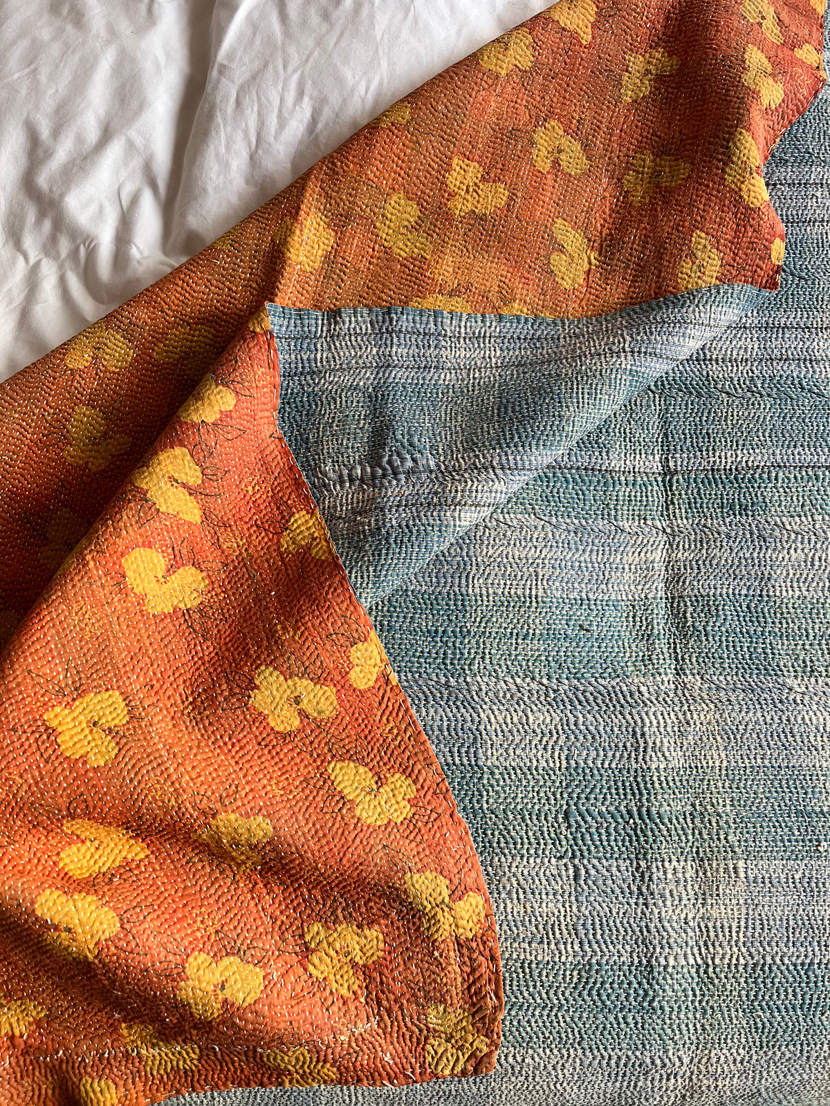 Blue / Green Check & Brown Floral Reverse Kantha Quilt