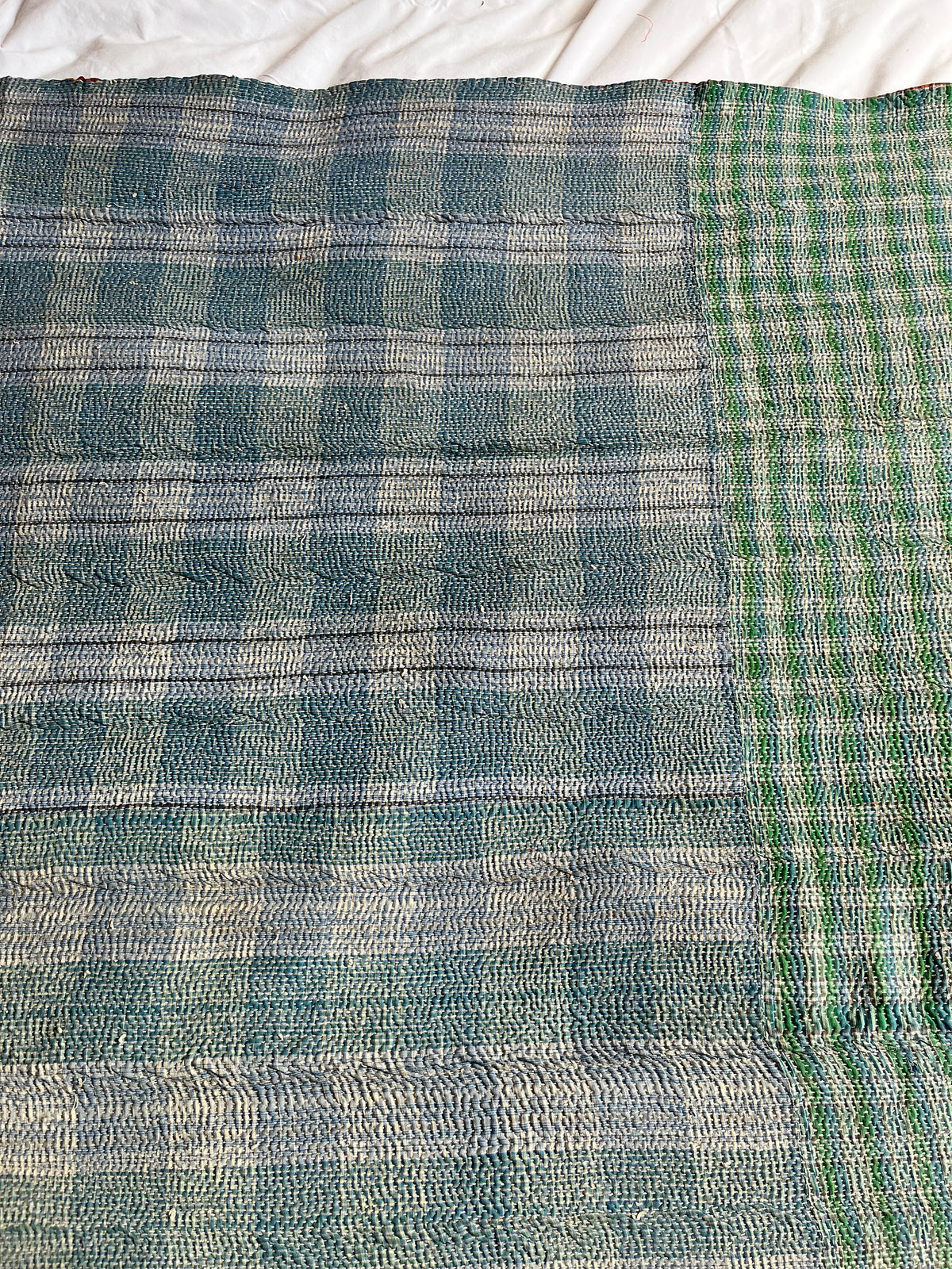 Blue / Green Check & Brown Floral Reverse Kantha Quilt
