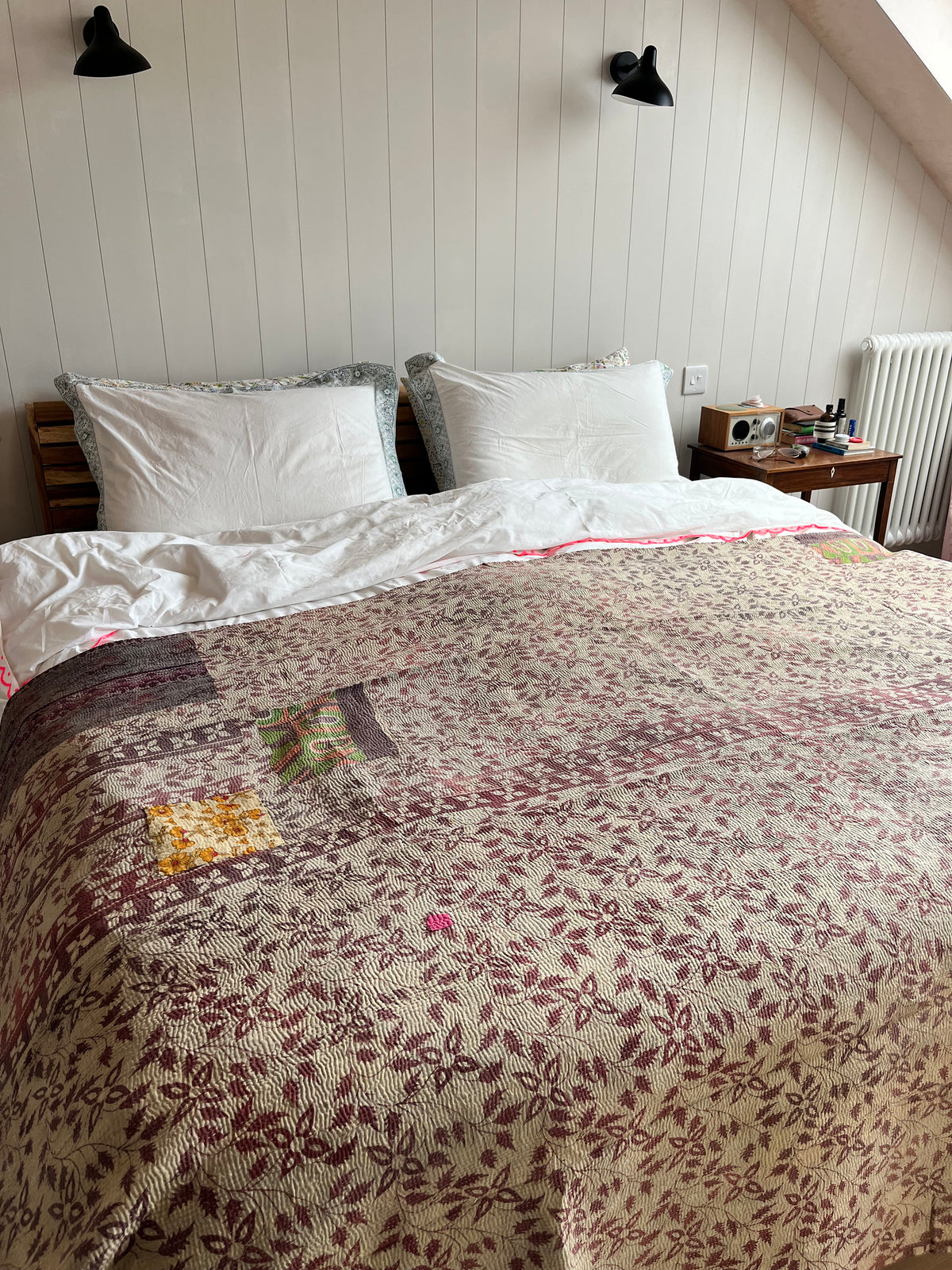 Pretty Brown Leaf & Purple Reverse Kantha Quilt