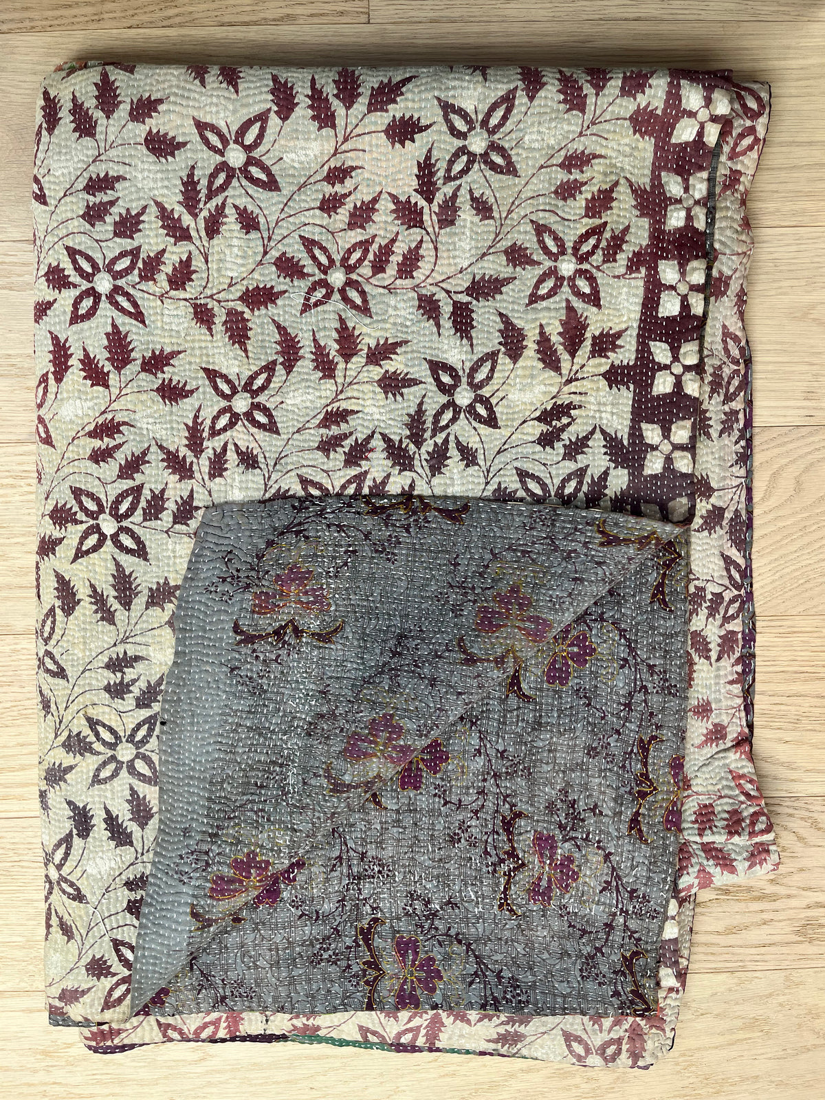 Pretty Brown Leaf & Purple Reverse Kantha Quilt