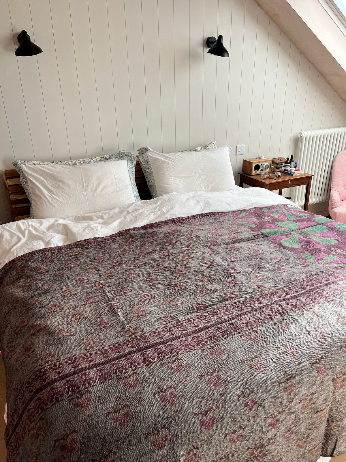 Pretty Brown Leaf & Purple Reverse Kantha Quilt