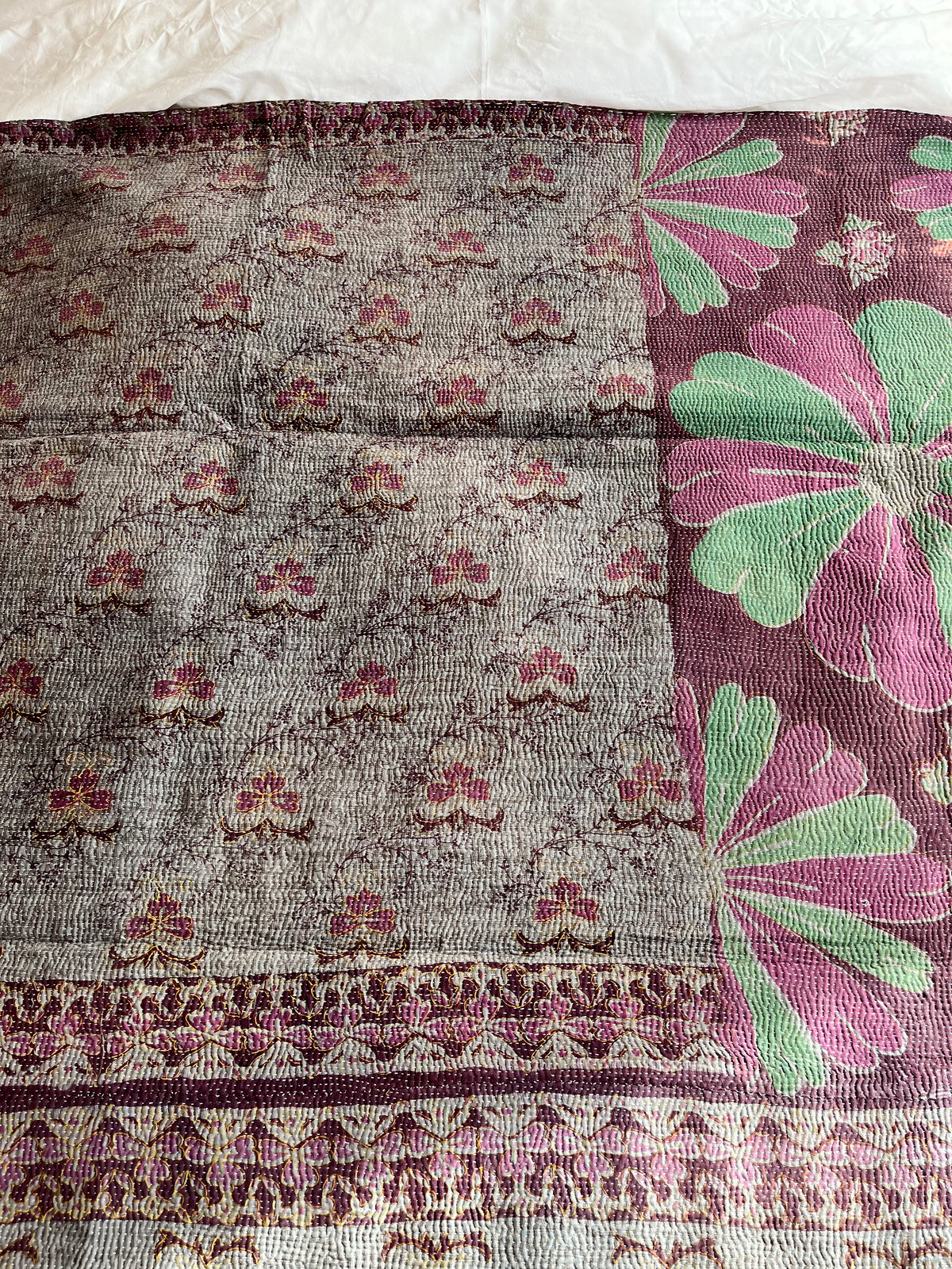 Pretty Brown Leaf & Purple Reverse Kantha Quilt