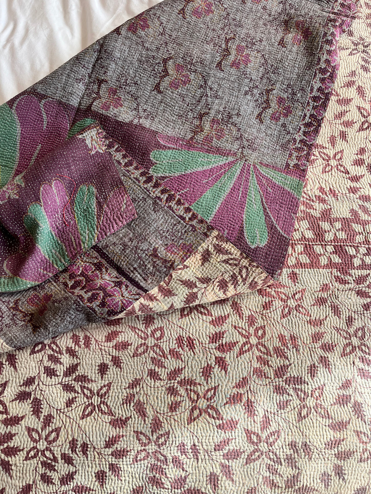 Pretty Brown Leaf & Purple Reverse Kantha Quilt