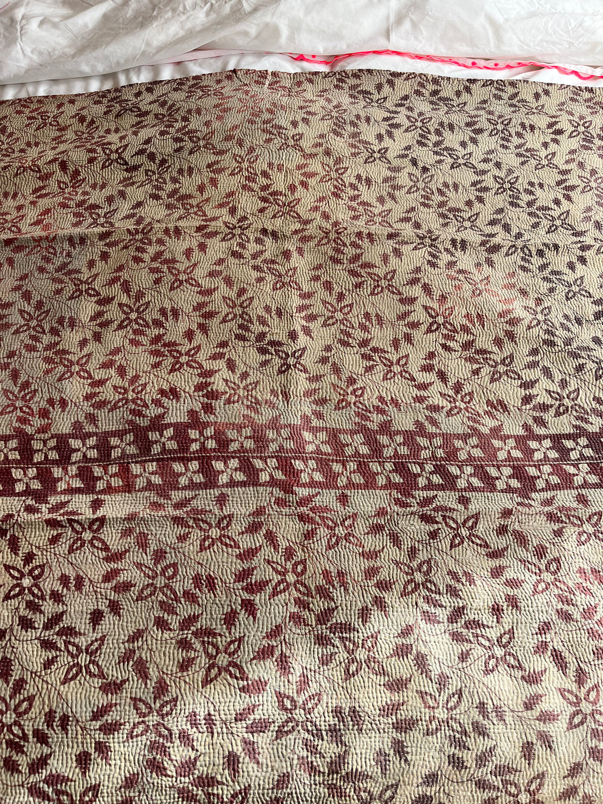 Pretty Brown Leaf & Purple Reverse Kantha Quilt