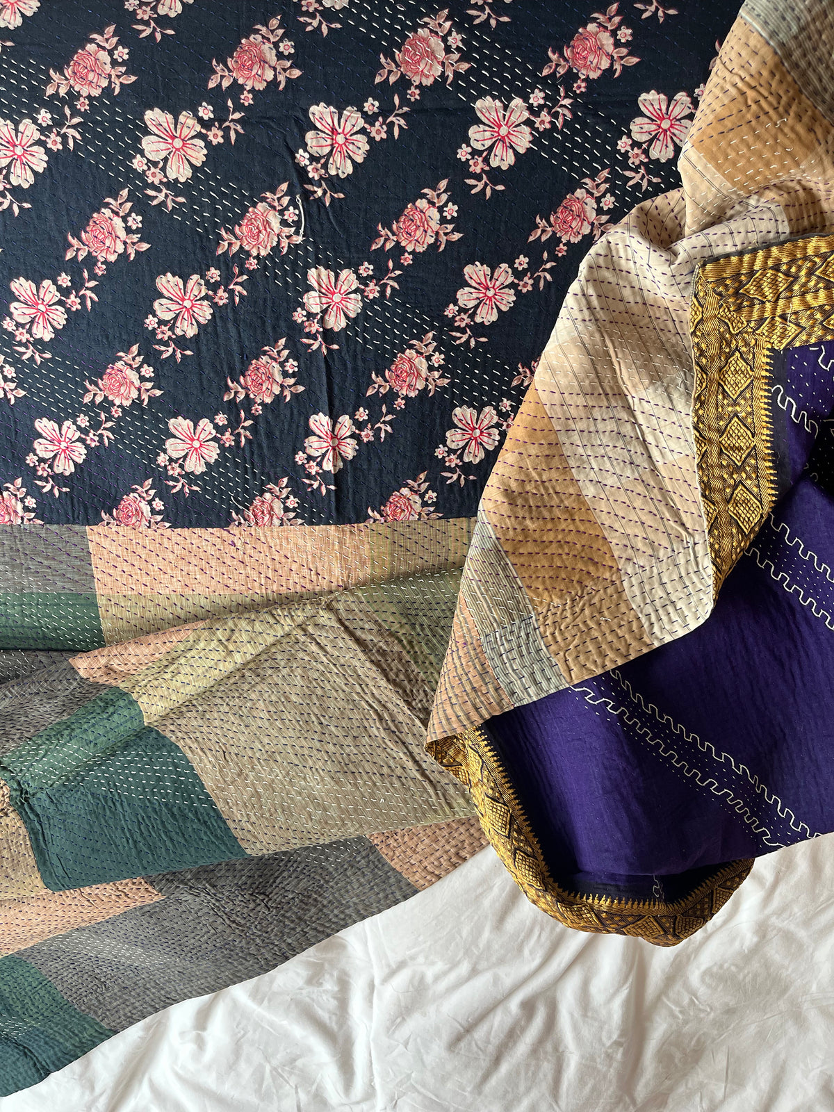 Brown Green Large check & Indigo Embroidery Reverse Kantha Quilt