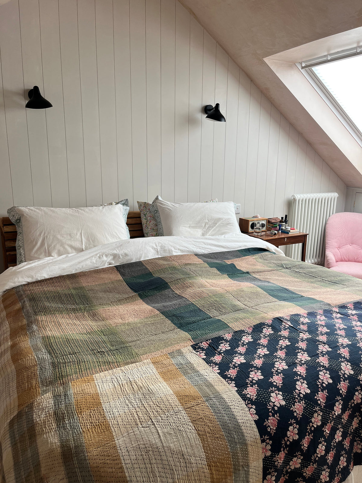 Brown Green Large check & Indigo Embroidery Reverse Kantha Quilt