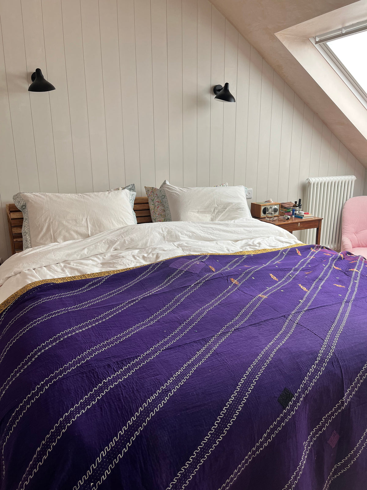 Brown Green Large check & Indigo Embroidery Reverse Kantha Quilt