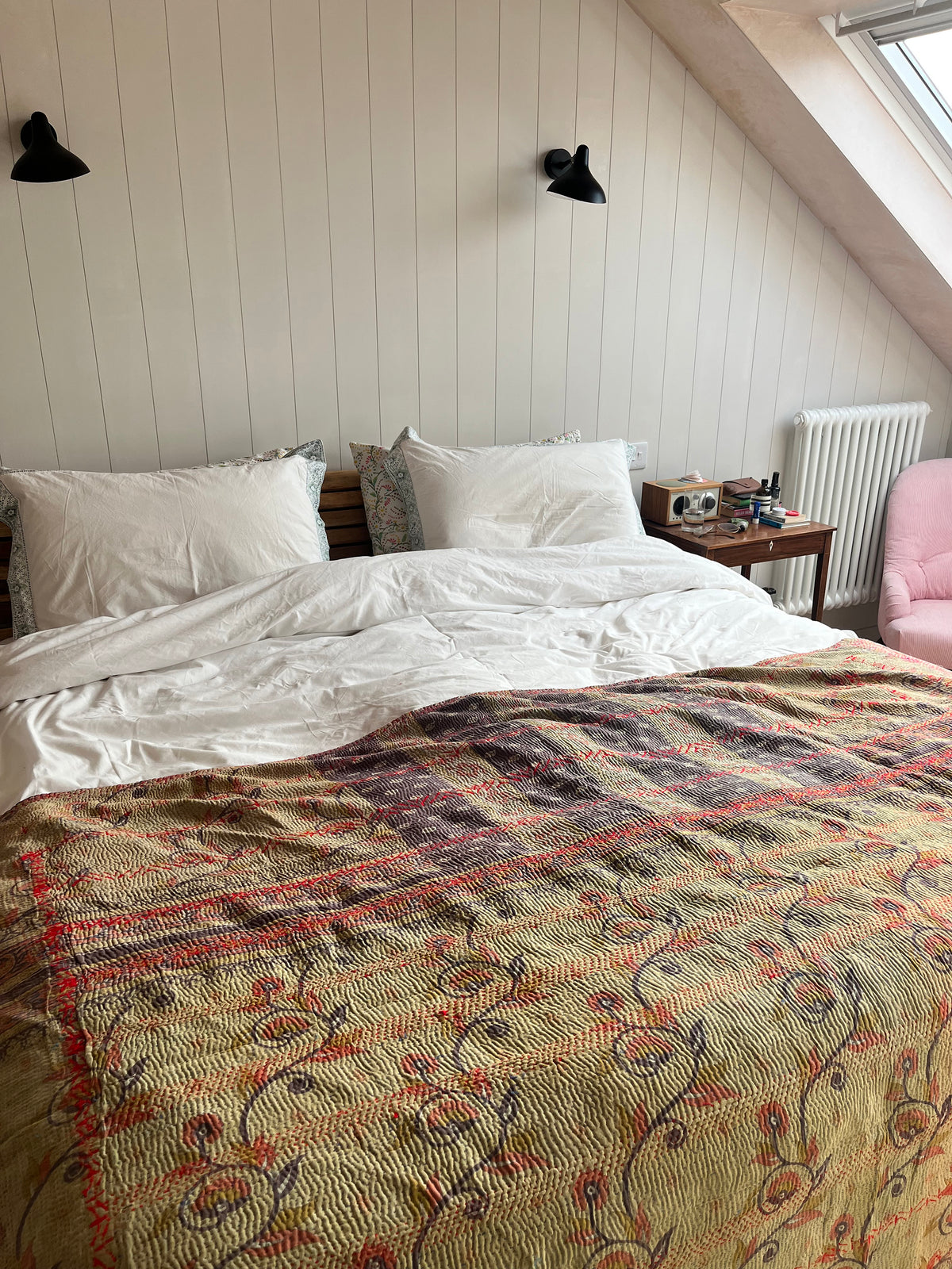 Muted Brown Floral & Indigo Embroidered Reverse Kantha quilt
