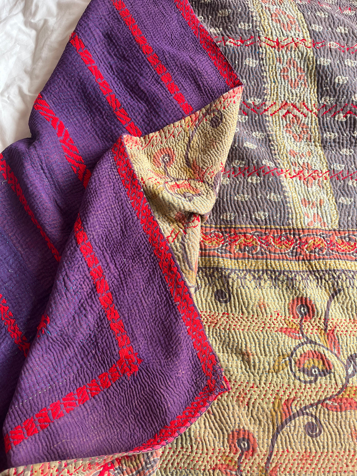 Muted Brown Floral & Indigo Embroidered Reverse Kantha quilt