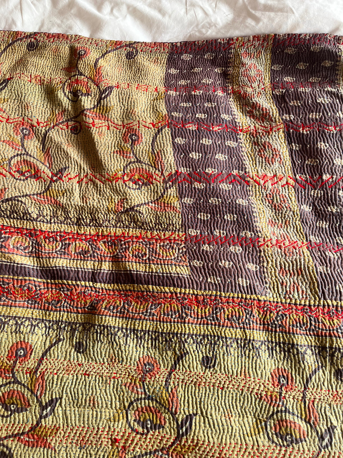 Muted Brown Floral & Indigo Embroidered Reverse Kantha quilt