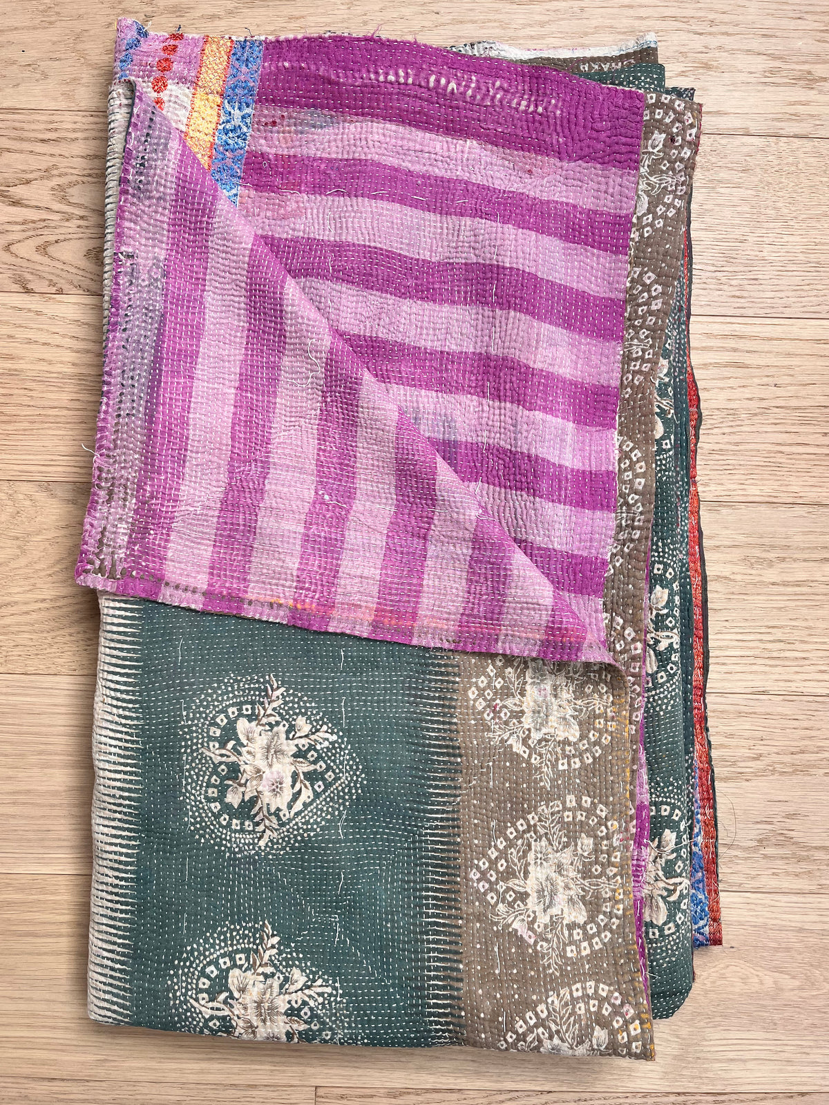 Heart & Pink Stripe Reverse Kantha quilt